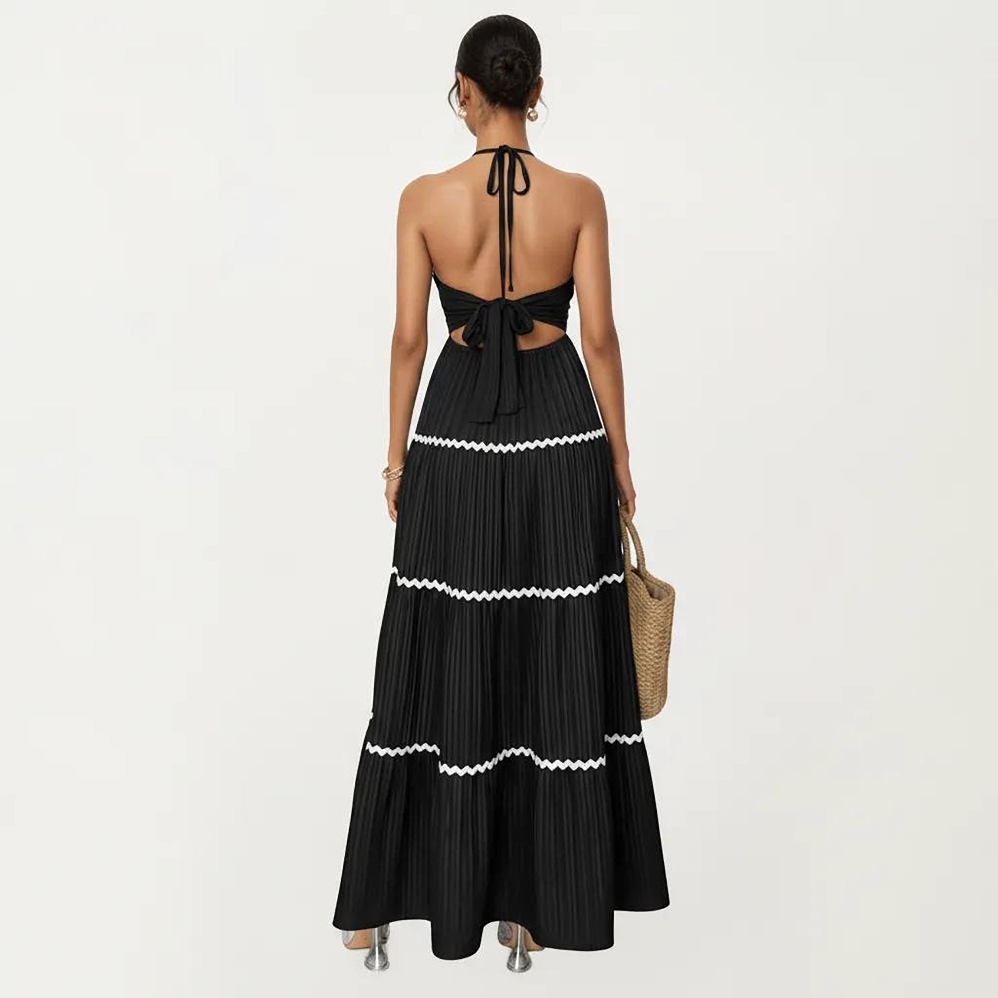 Anna-Kaci Women's Halter Neck Maxi Dress with Pleated Skirt and Tiered Trim Detail