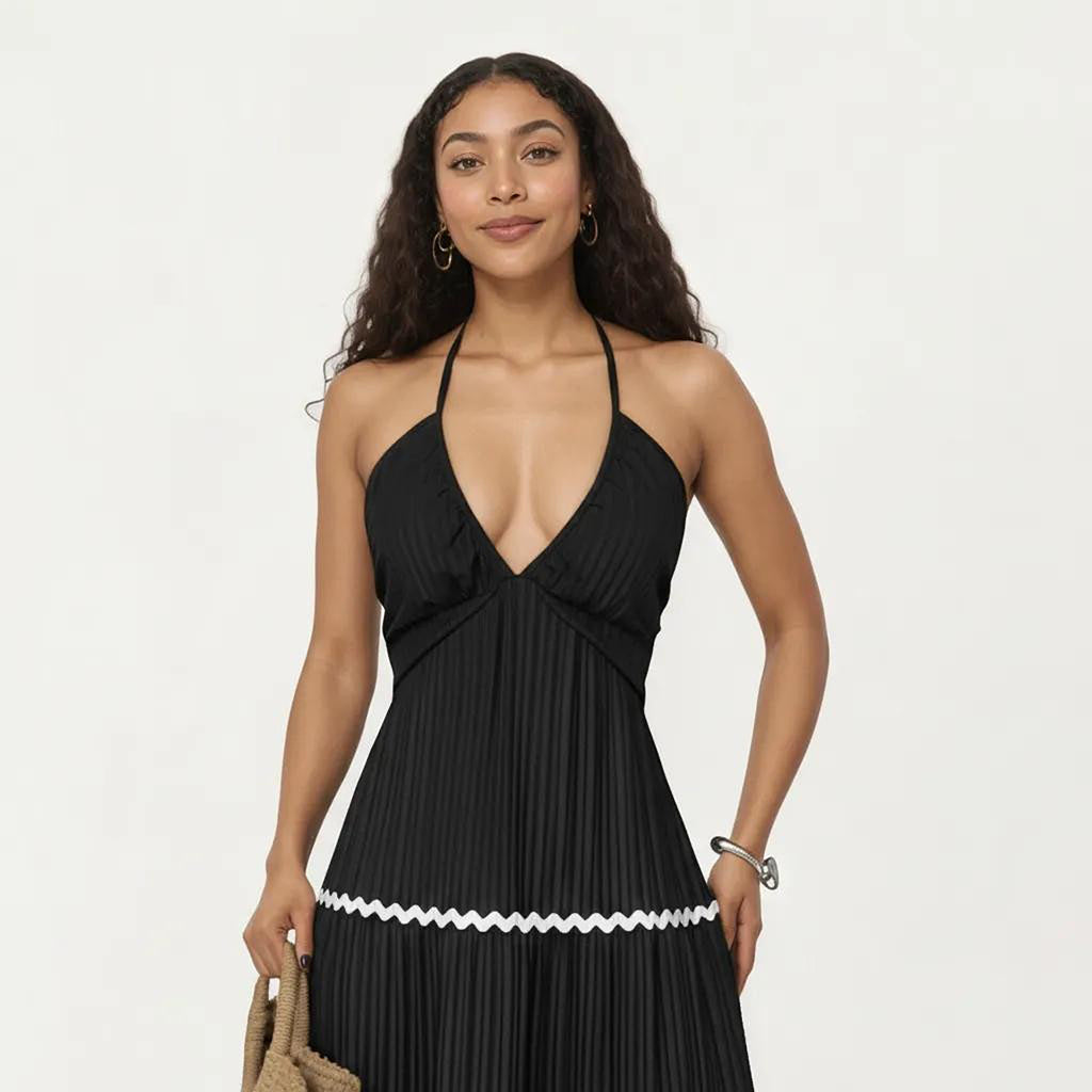 Anna-Kaci Women's Halter Neck Maxi Dress with Pleated Skirt and Tiered Trim Detail
