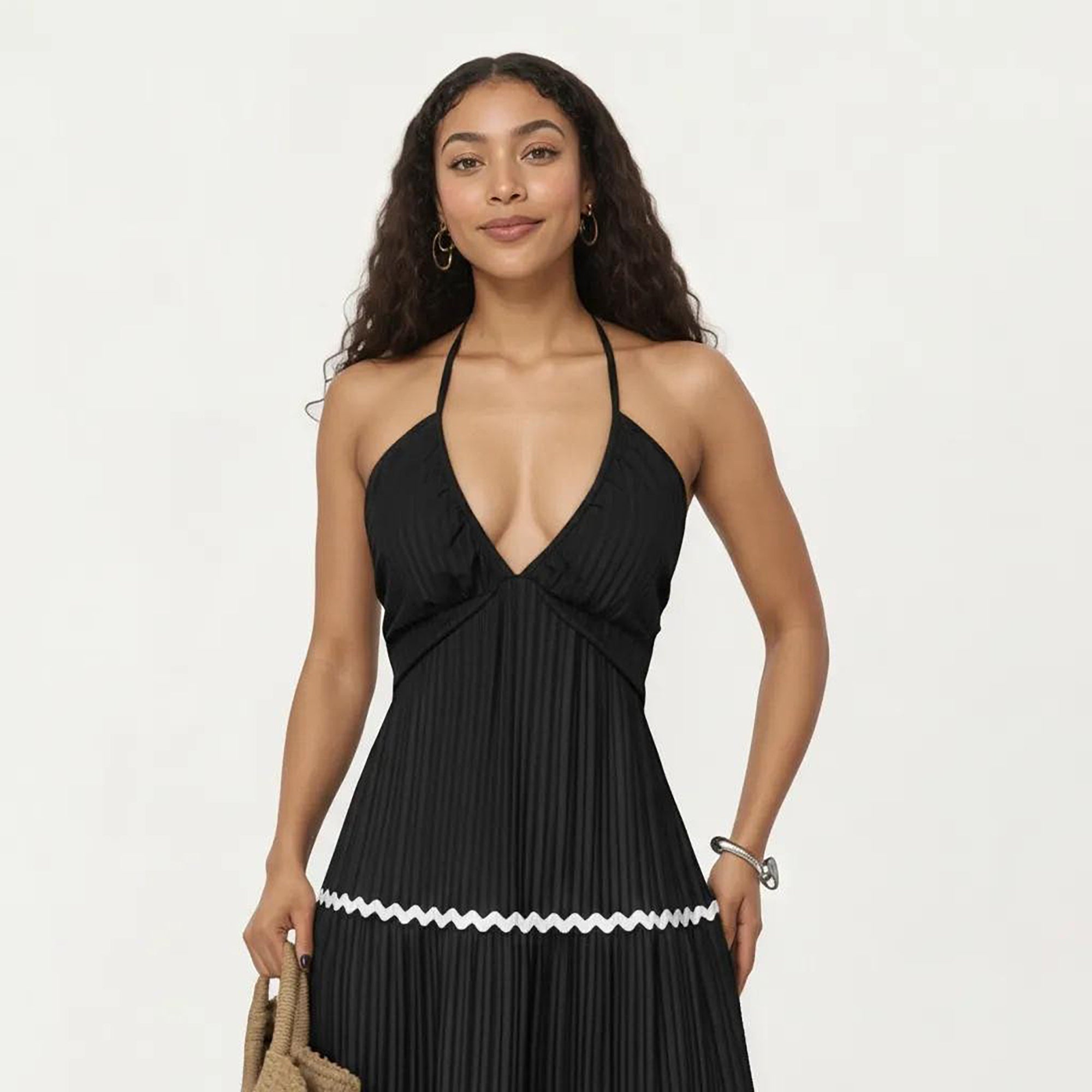 Anna-Kaci Women's Halter Neck Maxi Dress with Pleated Skirt and Tiered Trim Detail