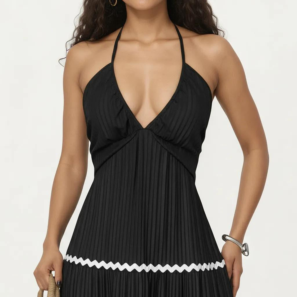 Anna-Kaci Women's Halter Neck Maxi Dress with Pleated Skirt and Tiered Trim Detail
