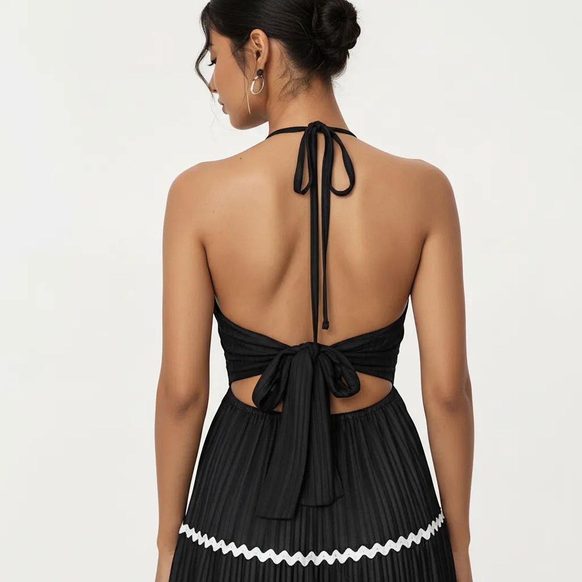 Anna-Kaci Women's Halter Neck Maxi Dress with Pleated Skirt and Tiered Trim Detail