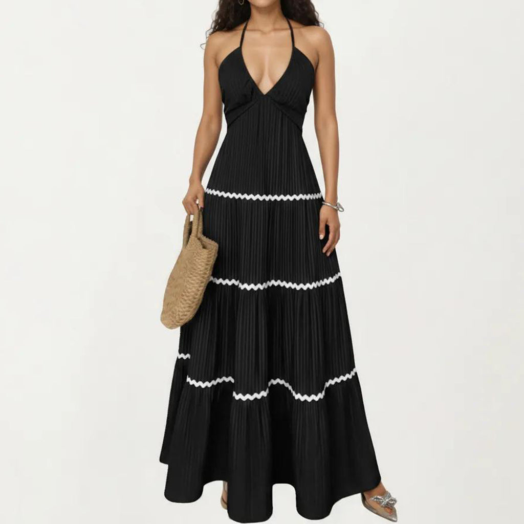 Anna-Kaci Women's Halter Neck Maxi Dress with Pleated Skirt and Tiered Trim Detail