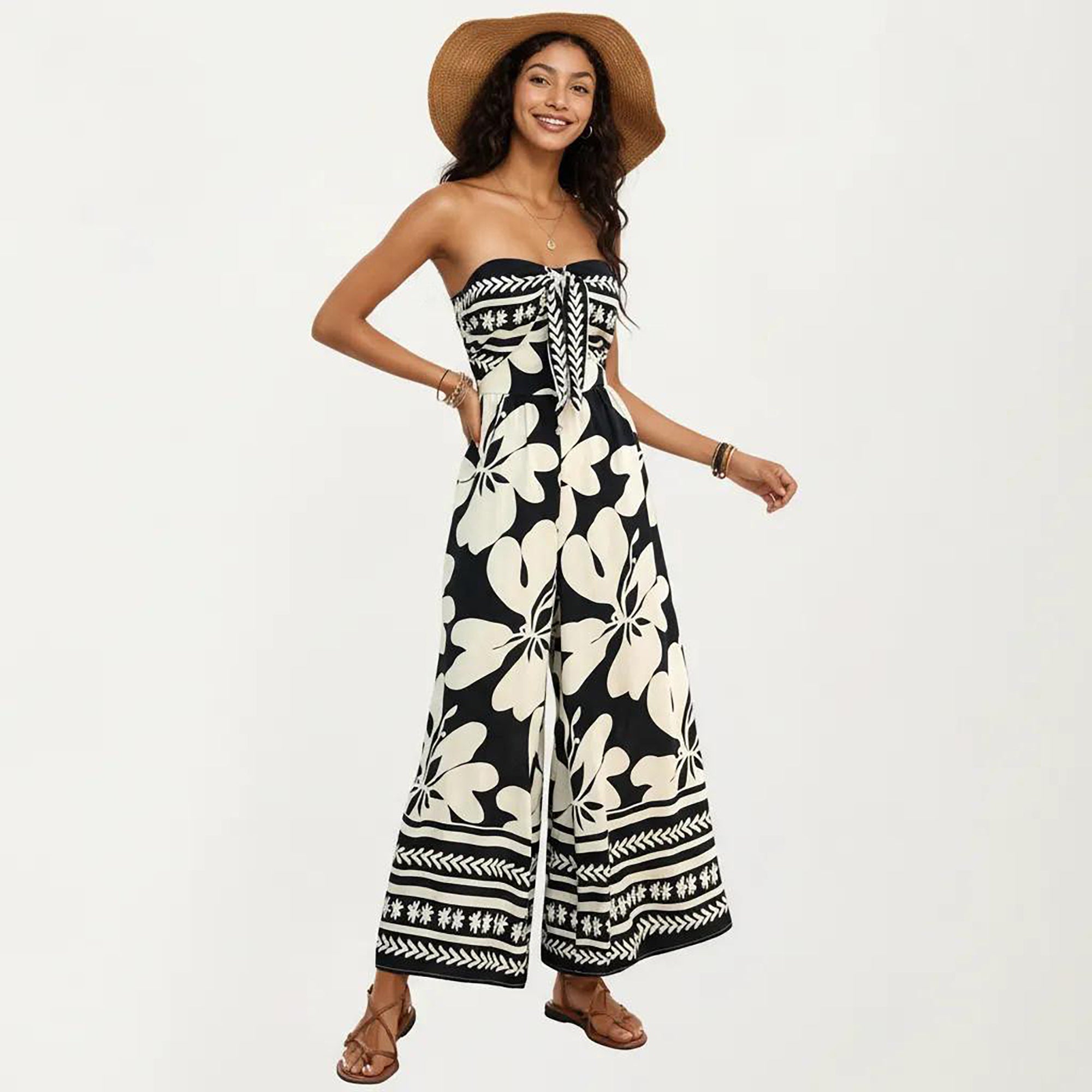 Anna-Kaci Women's Strapless Wide Leg Jumpsuit with Floral Pattern and Border Trim Detail