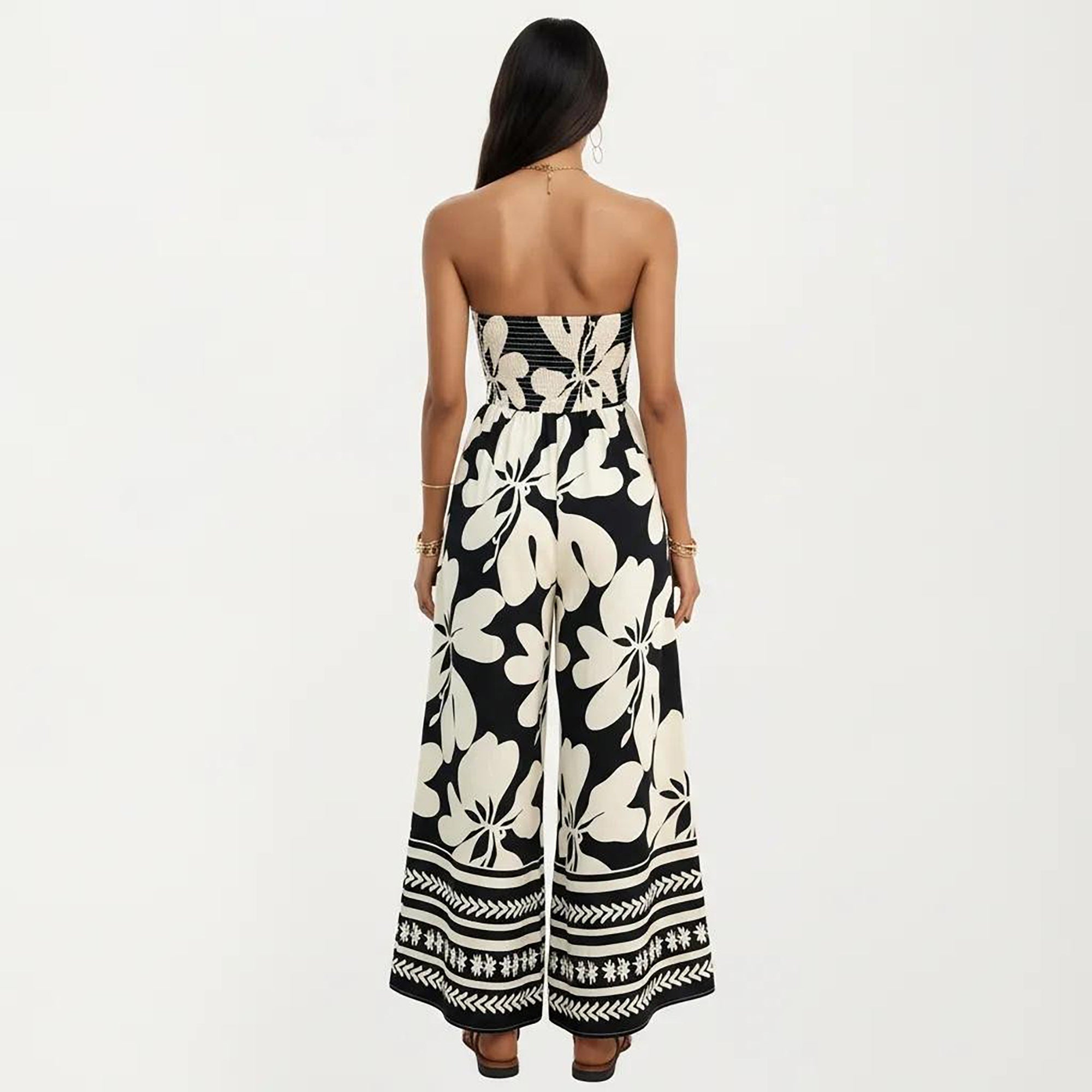 Anna-Kaci Women's Strapless Wide Leg Jumpsuit with Floral Pattern and Border Trim Detail