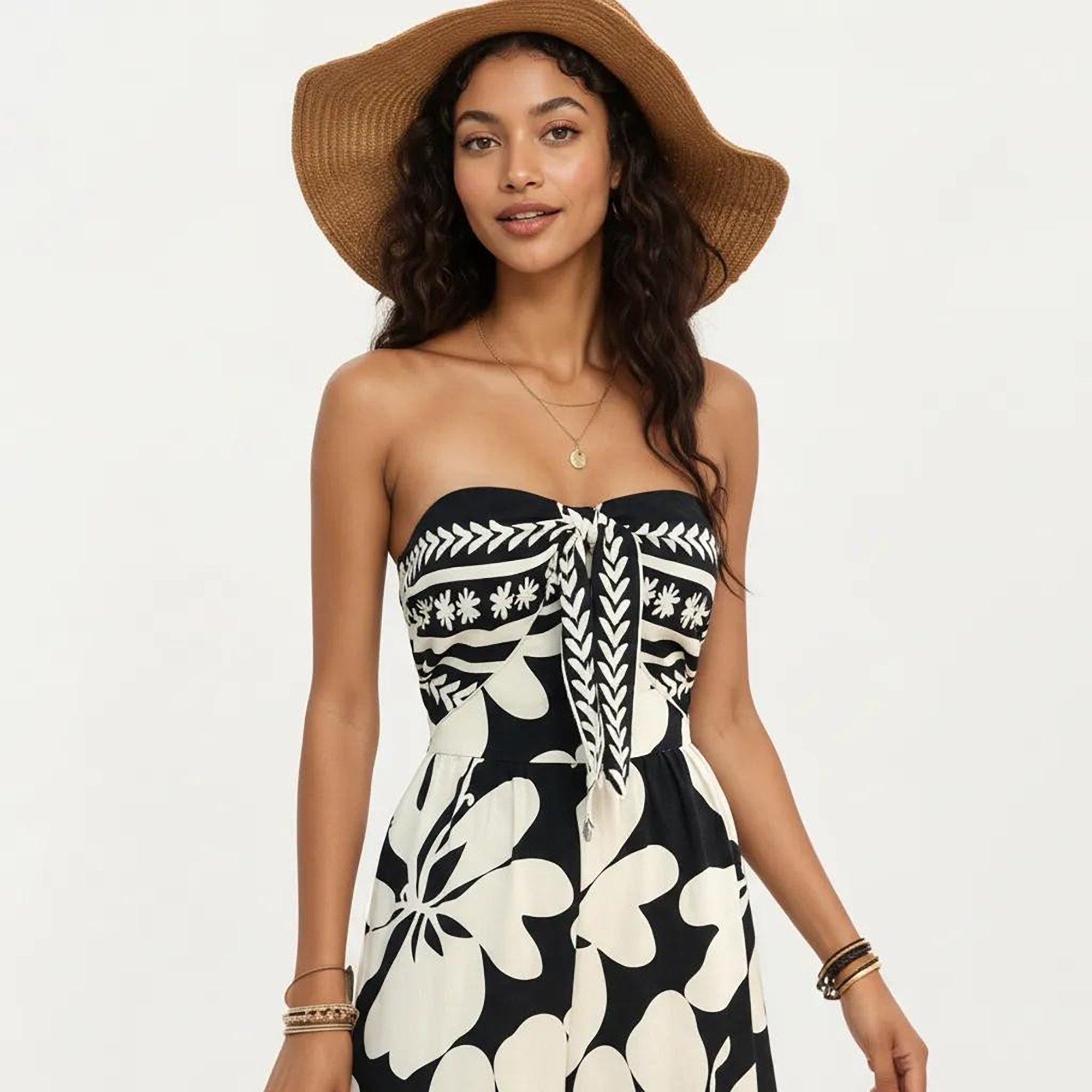 Anna-Kaci Women's Strapless Wide Leg Jumpsuit with Floral Pattern and Border Trim Detail