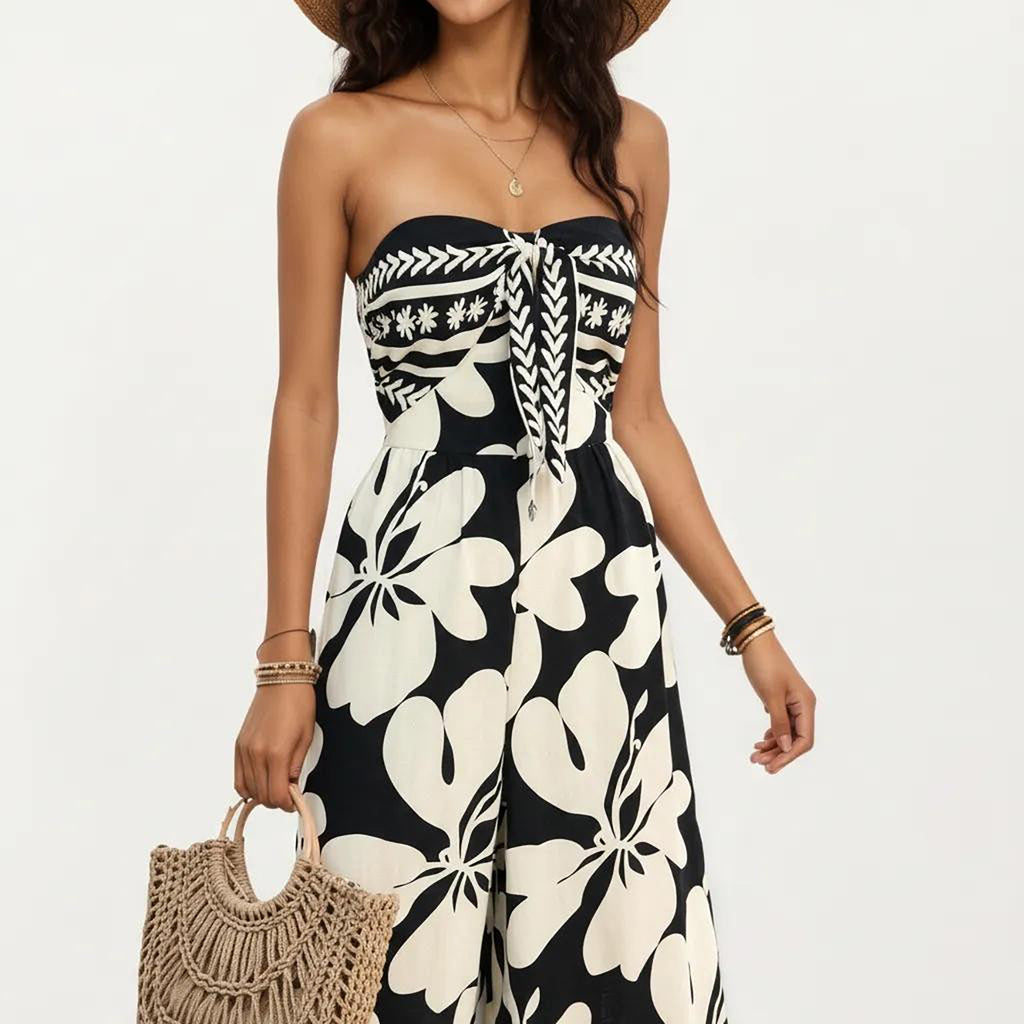 Anna-Kaci Women's Strapless Wide Leg Jumpsuit with Floral Pattern and Border Trim Detail