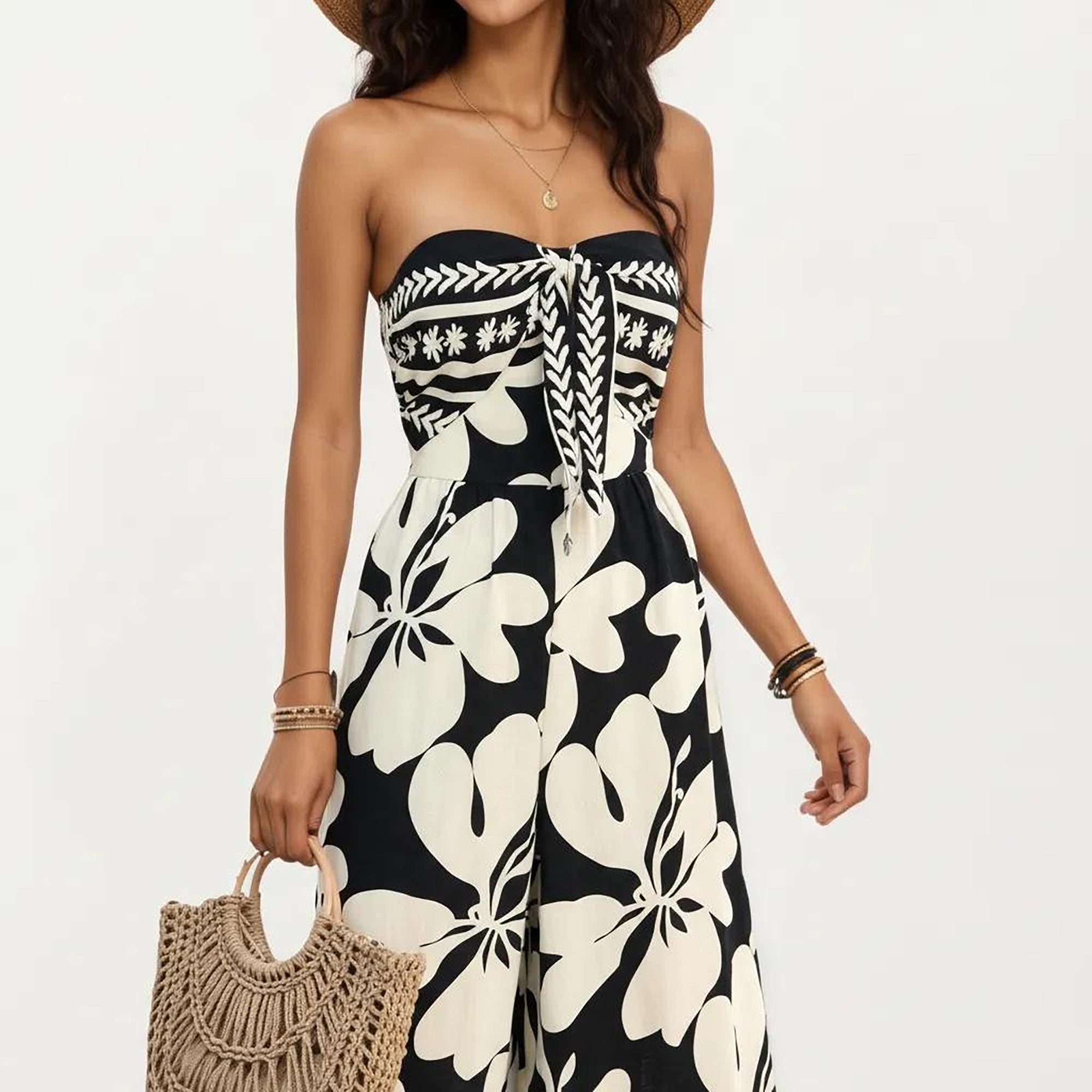Anna-Kaci Women's Strapless Wide Leg Jumpsuit with Floral Pattern and Border Trim Detail