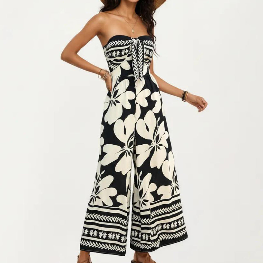 Anna-Kaci Women's Strapless Wide Leg Jumpsuit with Floral Pattern and Border Trim Detail