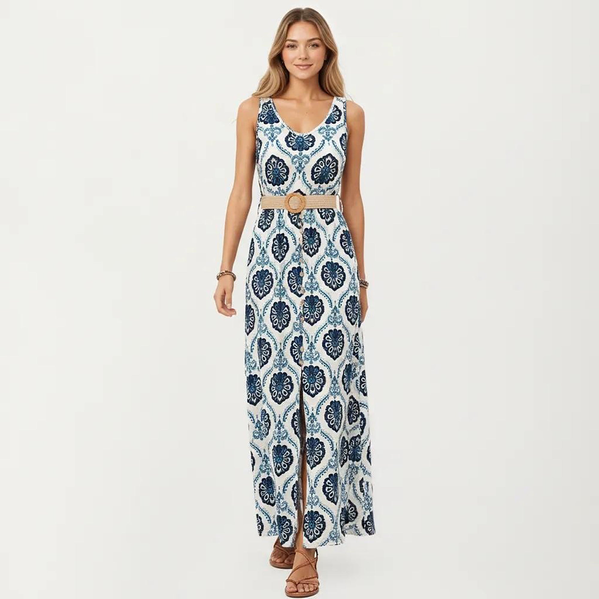 Anna-Kaci Women's Sleeveless Maxi Dress with Medallion Pattern Belted Waist and Front Slit