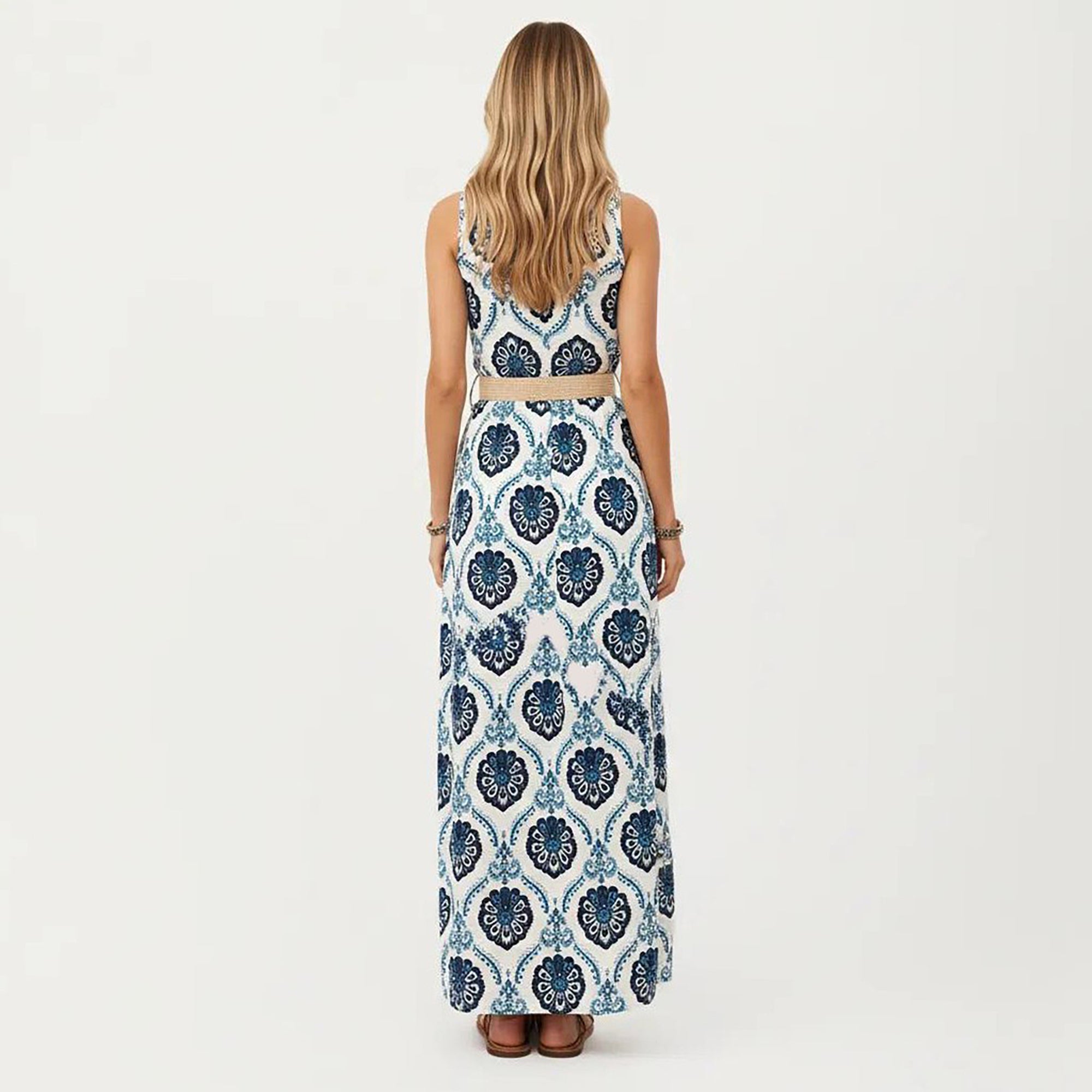 Anna-Kaci Women's Sleeveless Maxi Dress with Medallion Pattern Belted Waist and Front Slit