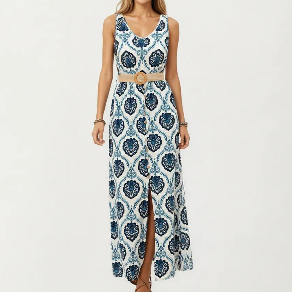 Anna-Kaci Women's Sleeveless Maxi Dress with Medallion Pattern Belted Waist and Front Slit