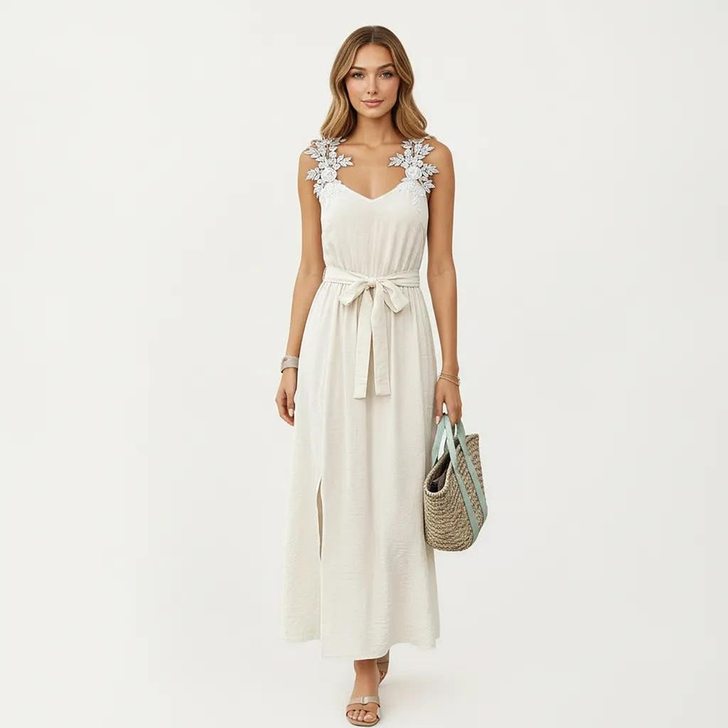 Anna-Kaci Women's Sleeveless Maxi Dress with Floral Applique Straps Belted Waist and Front Slit
