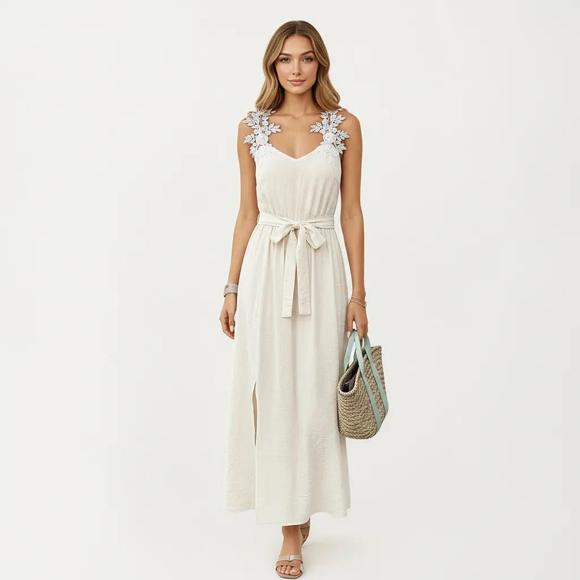 Anna-Kaci Women's Sleeveless Maxi Dress with Floral Applique Straps Belted Waist and Front Slit
