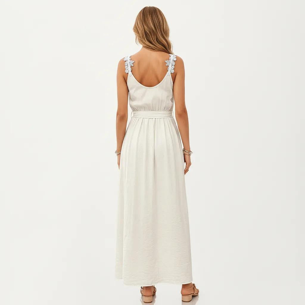 Anna-Kaci Women's Sleeveless Maxi Dress with Floral Applique Straps Belted Waist and Front Slit