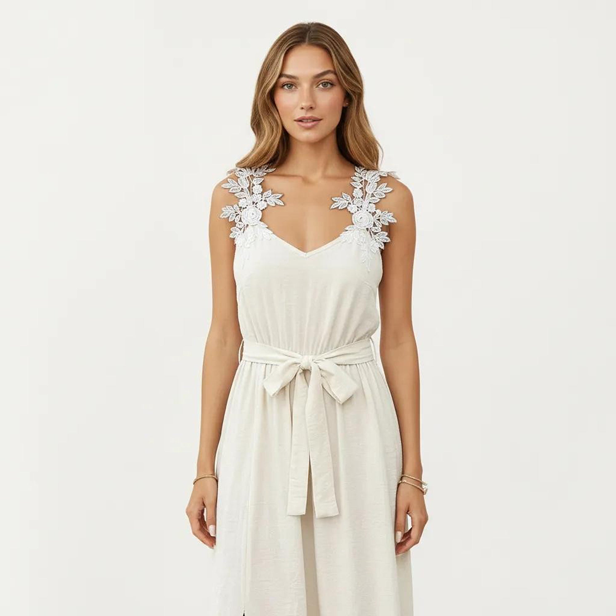 Anna-Kaci Women's Sleeveless Maxi Dress with Floral Applique Straps Belted Waist and Front Slit