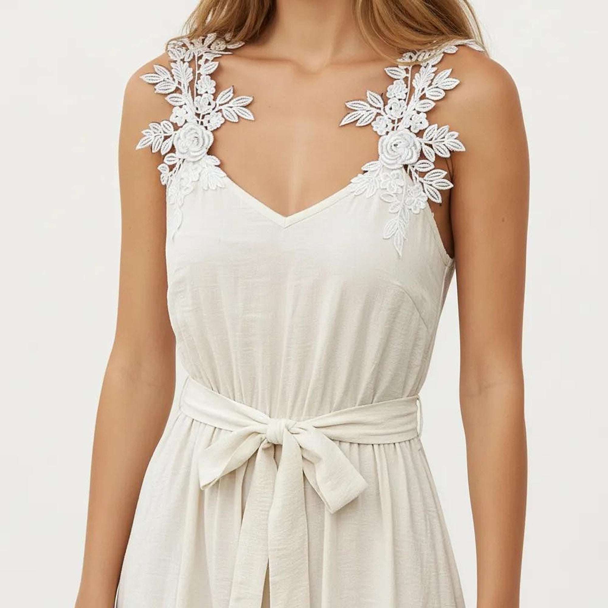 Anna-Kaci Women's Sleeveless Maxi Dress with Floral Applique Straps Belted Waist and Front Slit