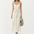 Anna-Kaci Women's Sleeveless Maxi Dress with Floral Applique Straps Belted Waist and Front Slit