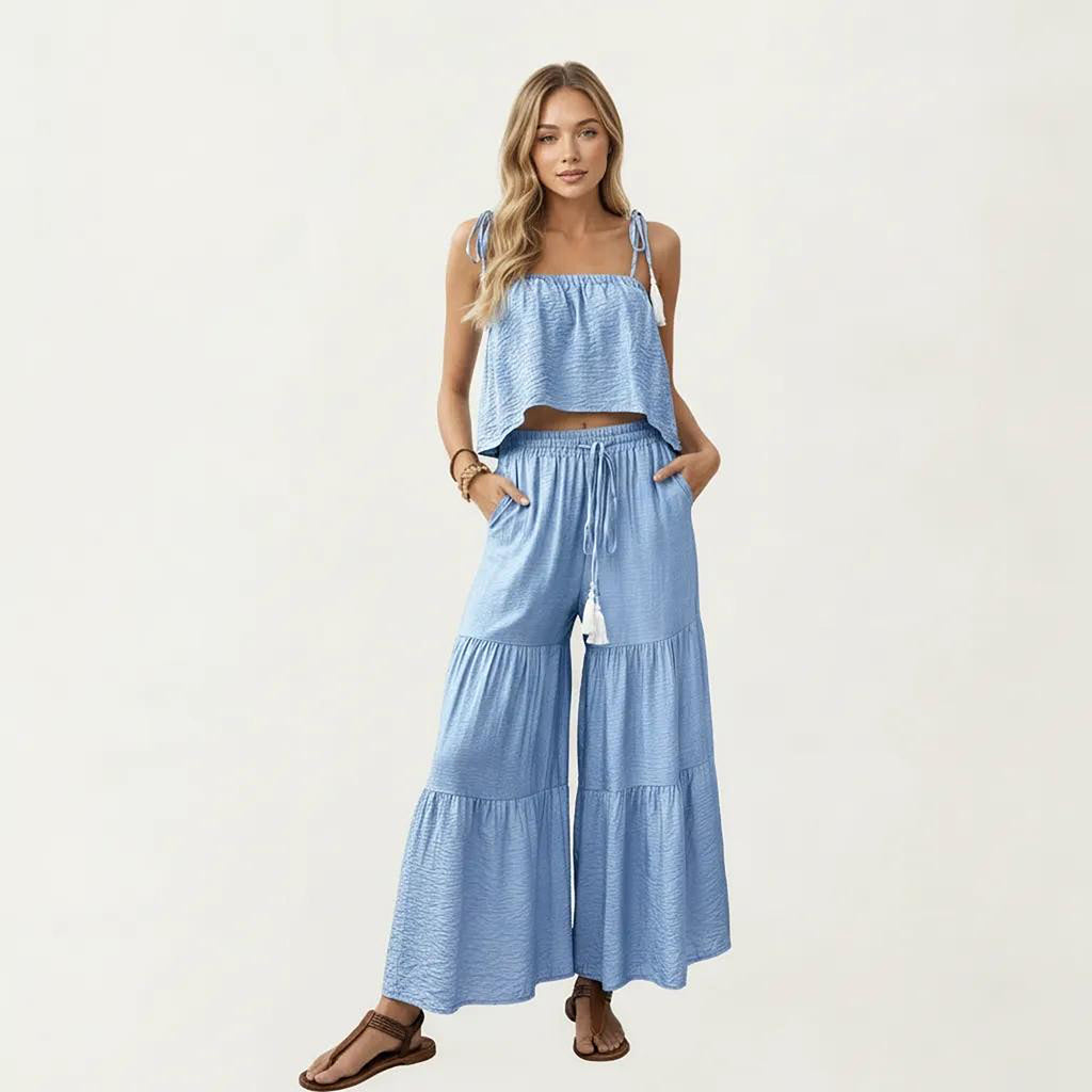 Anna-Kaci Women's 2-Piece Sleeveless Crop Top and Wide Leg Pants Set with Tie Straps Drawstring Waist and Tiered Legs