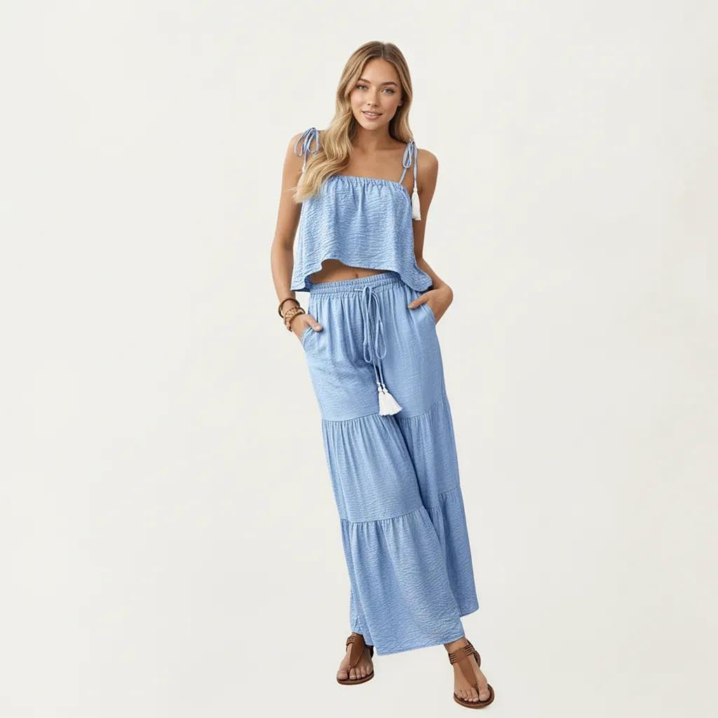 Anna-Kaci Women's 2-Piece Sleeveless Crop Top and Wide Leg Pants Set with Tie Straps Drawstring Waist and Tiered Legs