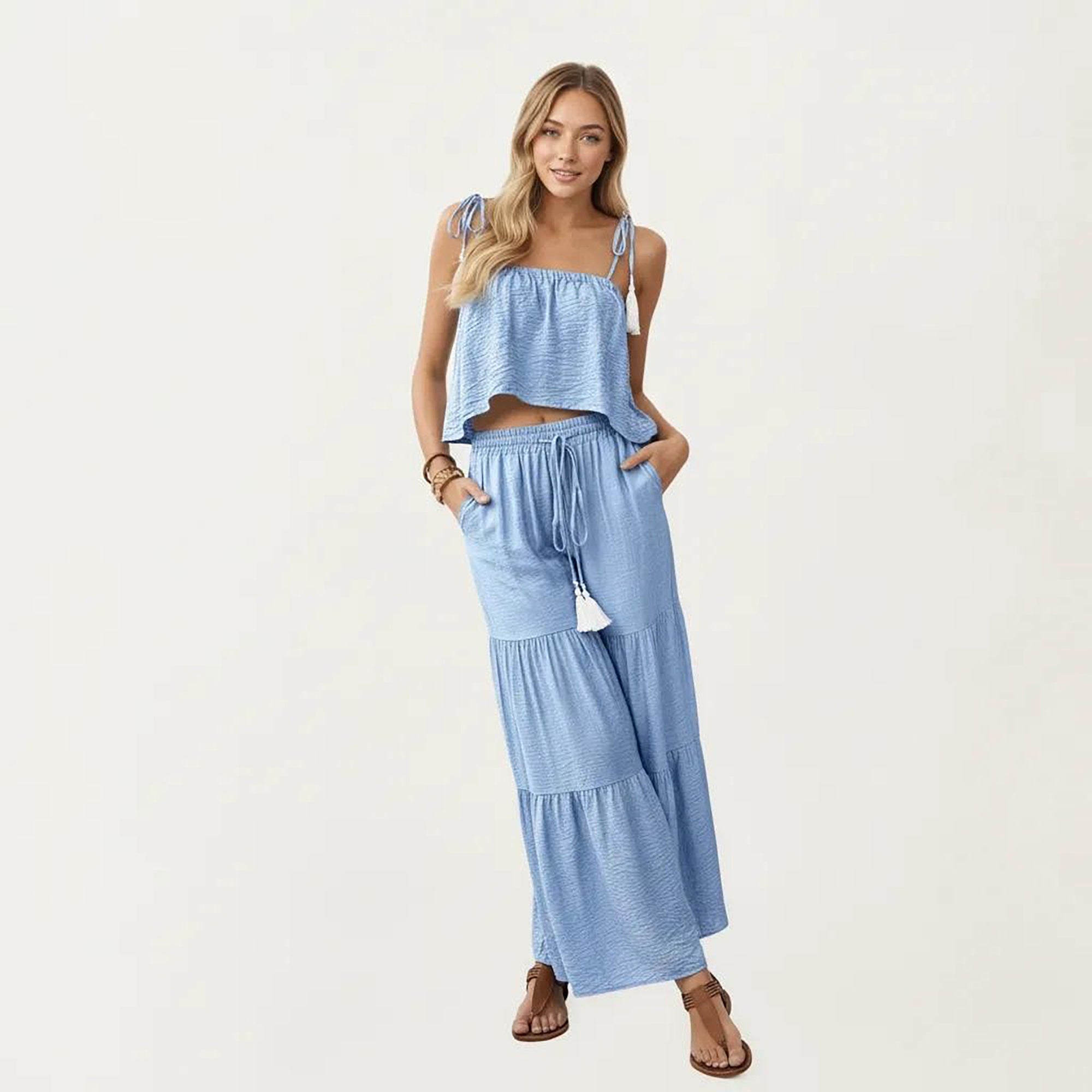 Anna-Kaci Women's 2-Piece Sleeveless Crop Top and Wide Leg Pants Set with Tie Straps Drawstring Waist and Tiered Legs