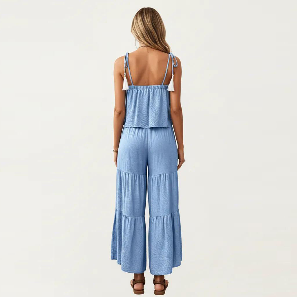 Anna-Kaci Women's 2-Piece Sleeveless Crop Top and Wide Leg Pants Set with Tie Straps Drawstring Waist and Tiered Legs