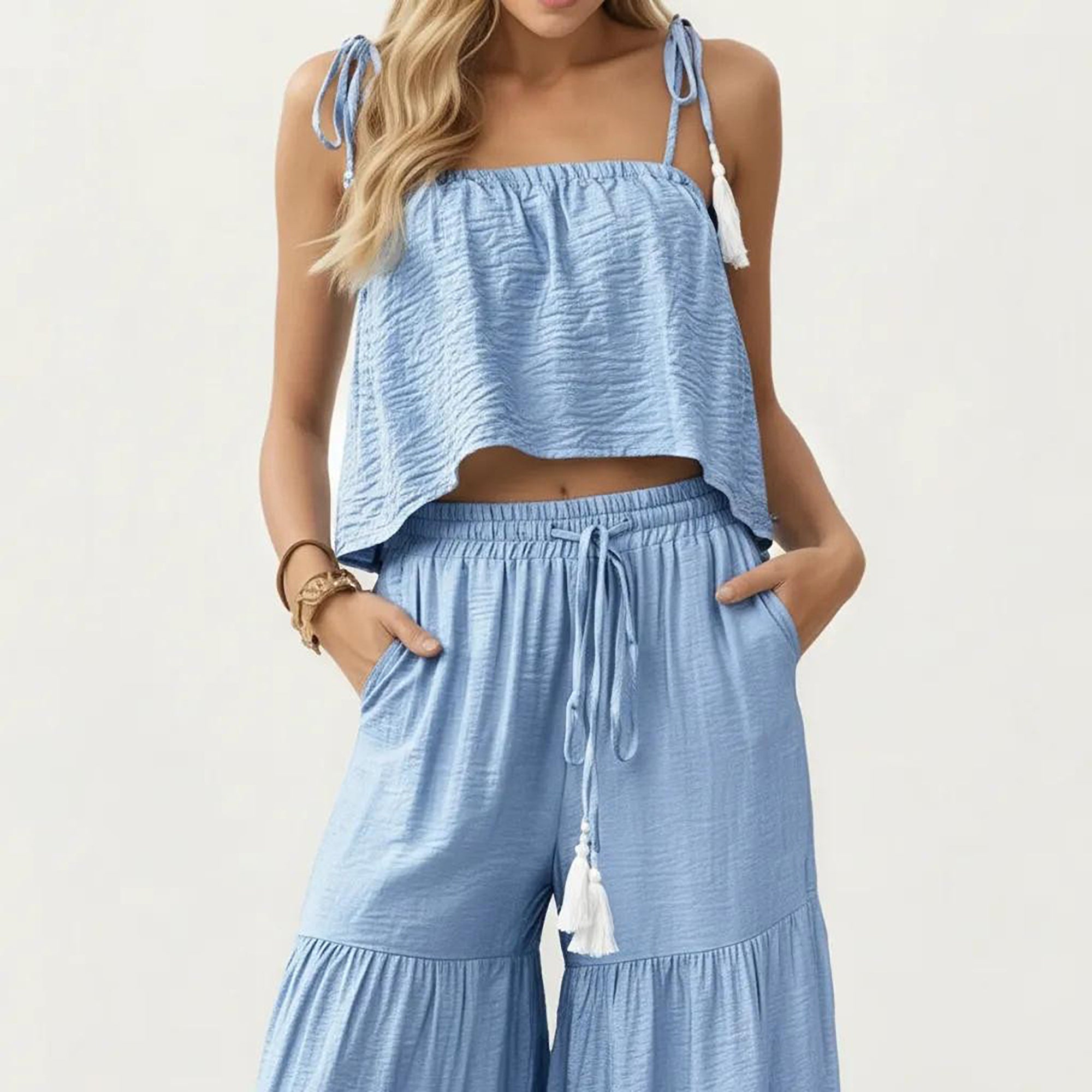 Anna-Kaci Women's 2-Piece Sleeveless Crop Top and Wide Leg Pants Set with Tie Straps Drawstring Waist and Tiered Legs