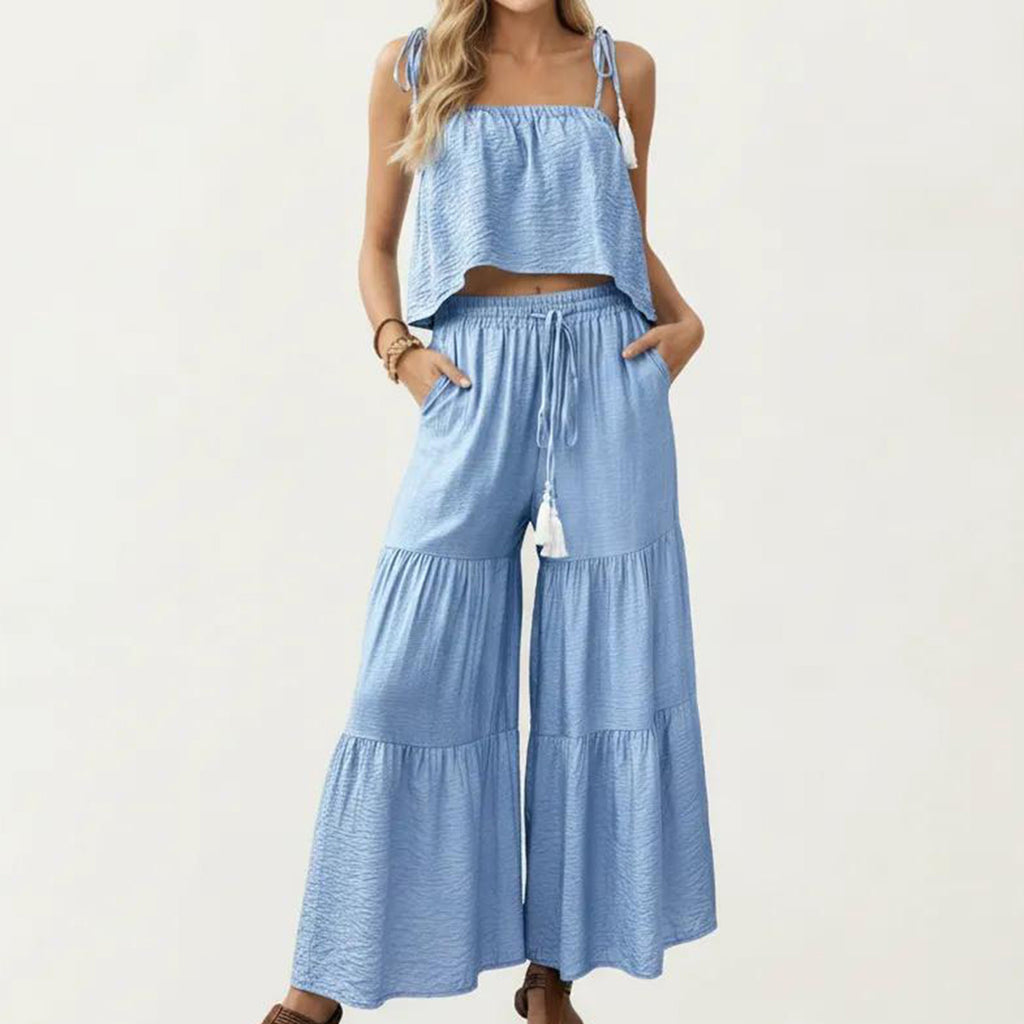 Anna-Kaci Women's 2-Piece Sleeveless Crop Top and Wide Leg Pants Set with Tie Straps Drawstring Waist and Tiered Legs