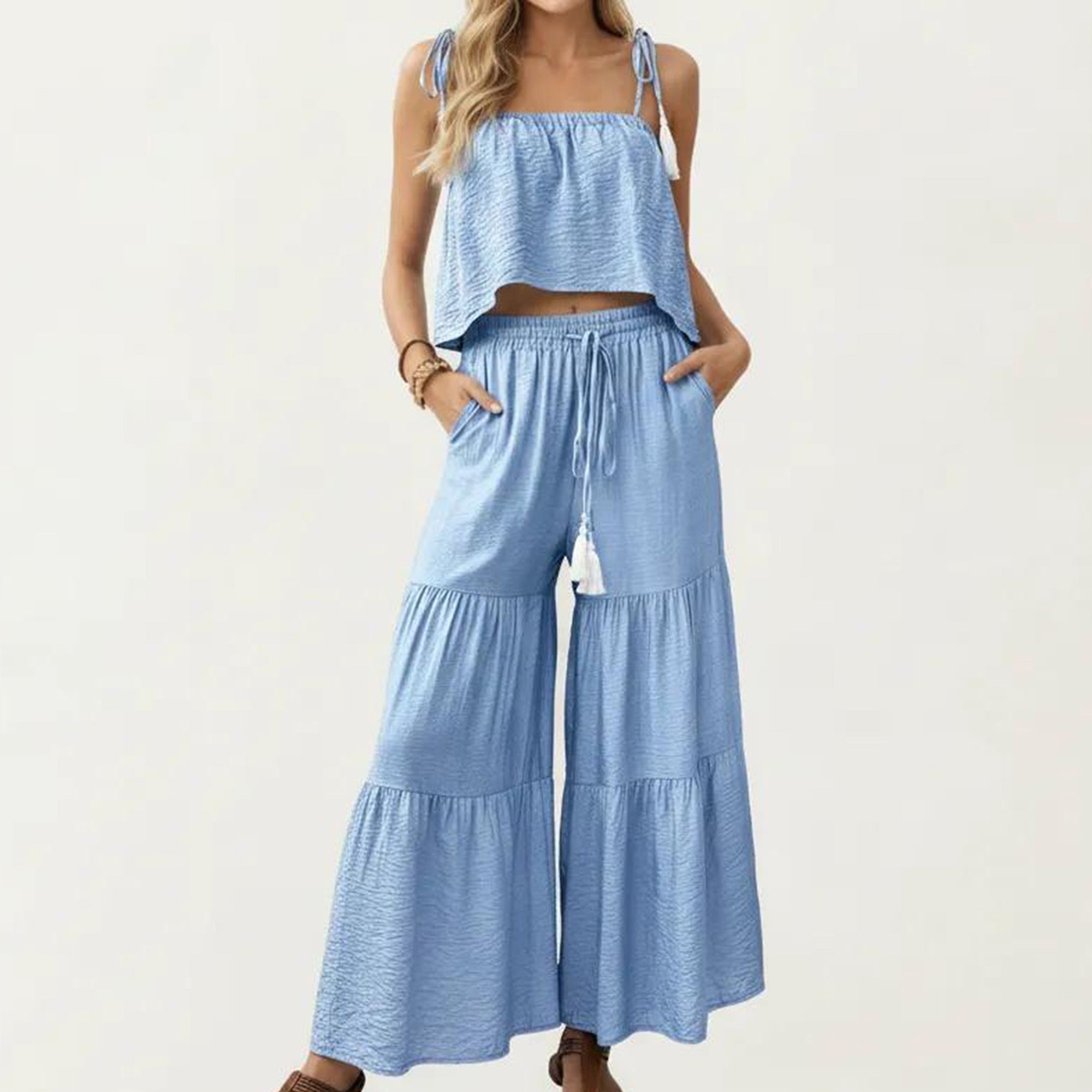 Anna-Kaci Women's 2-Piece Sleeveless Crop Top and Wide Leg Pants Set with Tie Straps Drawstring Waist and Tiered Legs