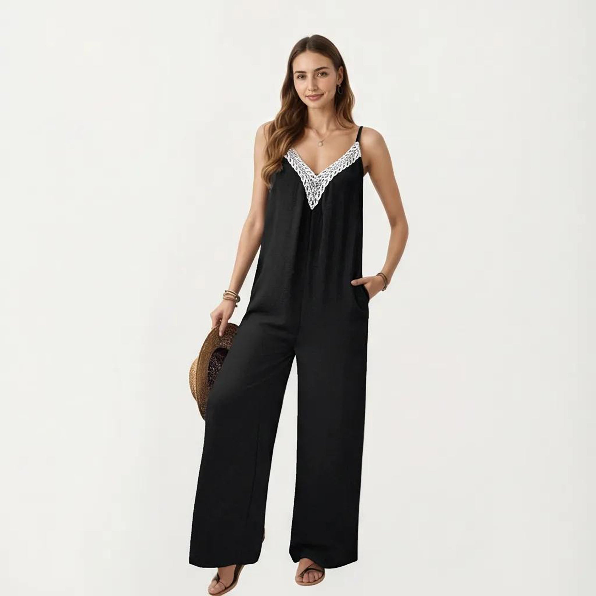 Anna-Kaci Women's Sleeveless Wide Leg Jumpsuit with Lace Trim V Neck Adjustable Straps and Side Pockets