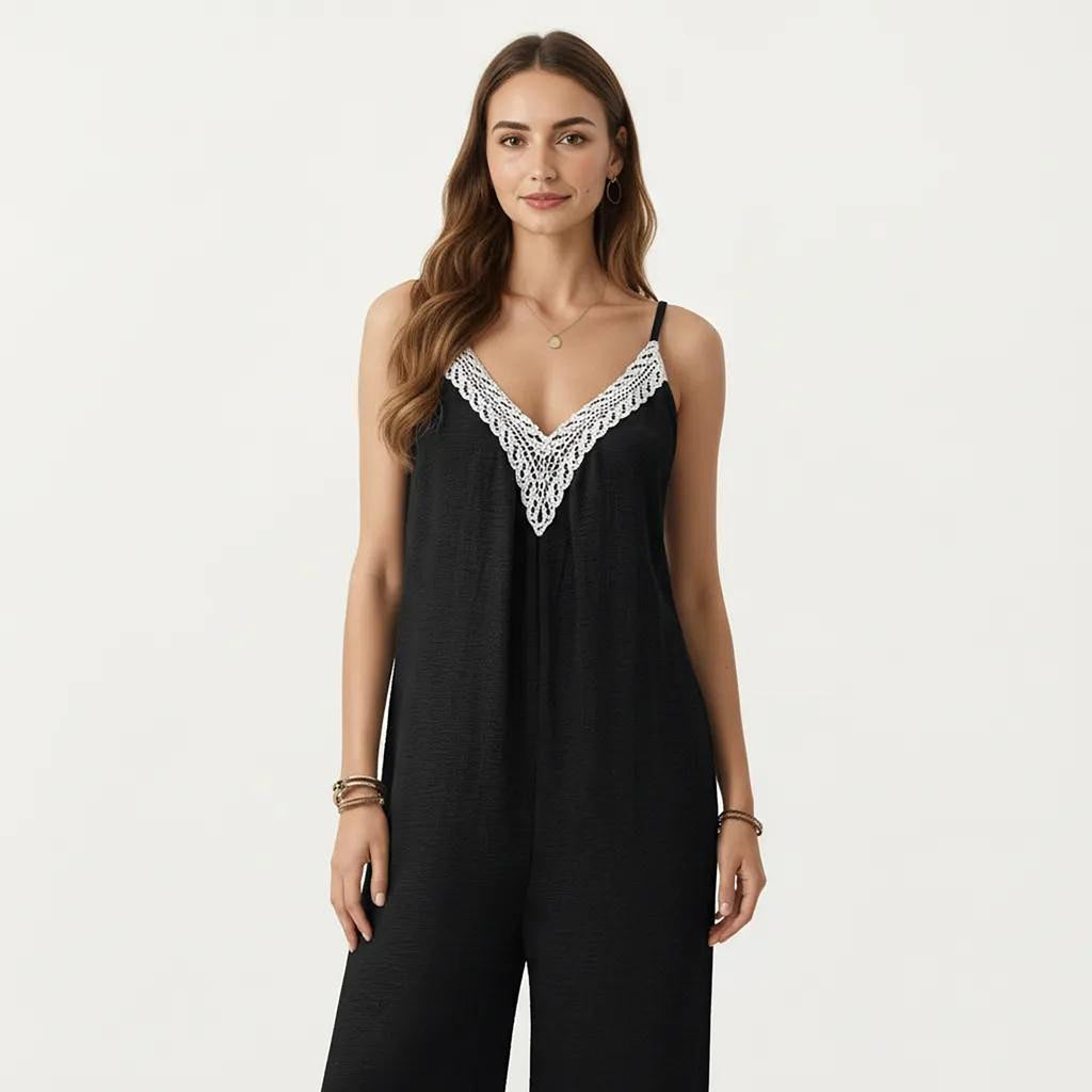 Anna-Kaci Women's Sleeveless Wide Leg Jumpsuit with Lace Trim V Neck Adjustable Straps and Side Pockets