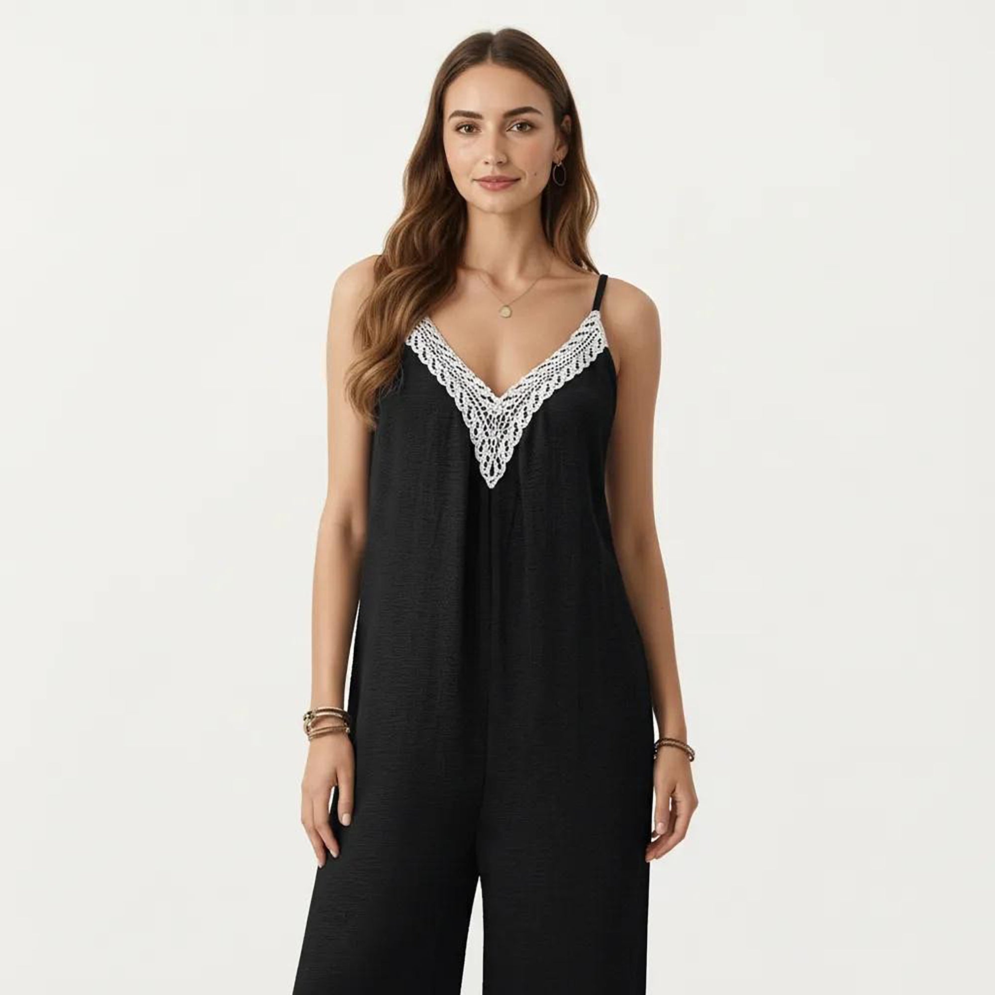 Anna-Kaci Women's Sleeveless Wide Leg Jumpsuit with Lace Trim V Neck Adjustable Straps and Side Pockets
