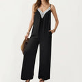 Anna-Kaci Women's Sleeveless Wide Leg Jumpsuit with Lace Trim V Neck Adjustable Straps and Side Pockets