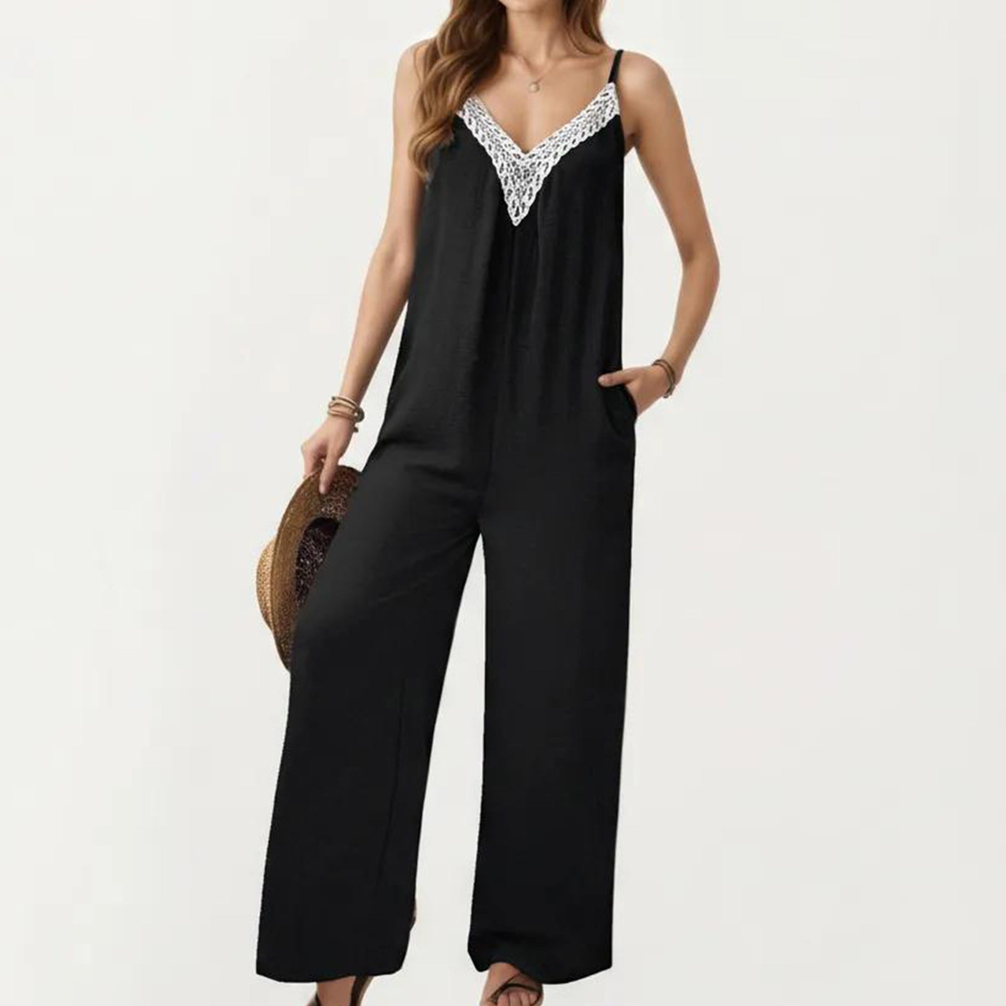 Anna-Kaci Women's Sleeveless Wide Leg Jumpsuit with Lace Trim V Neck Adjustable Straps and Side Pockets