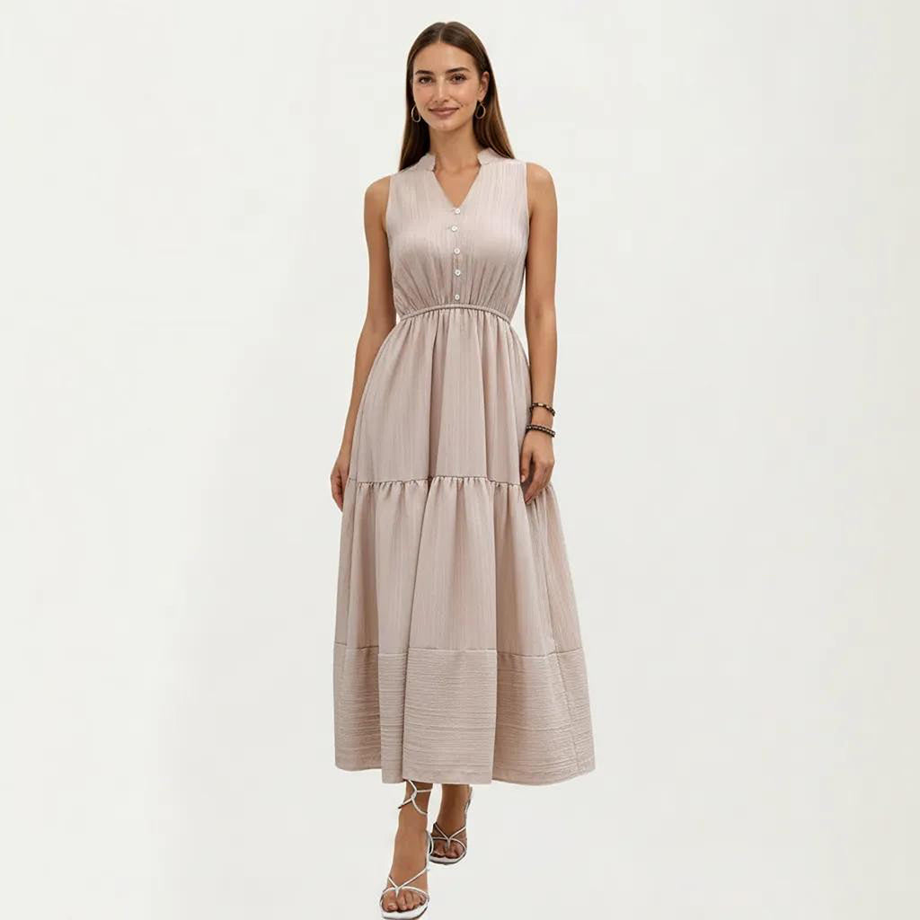 Anna-Kaci Women's Sleeveless Tiered Maxi Dress with Button Front V Neck and Elastic Waist