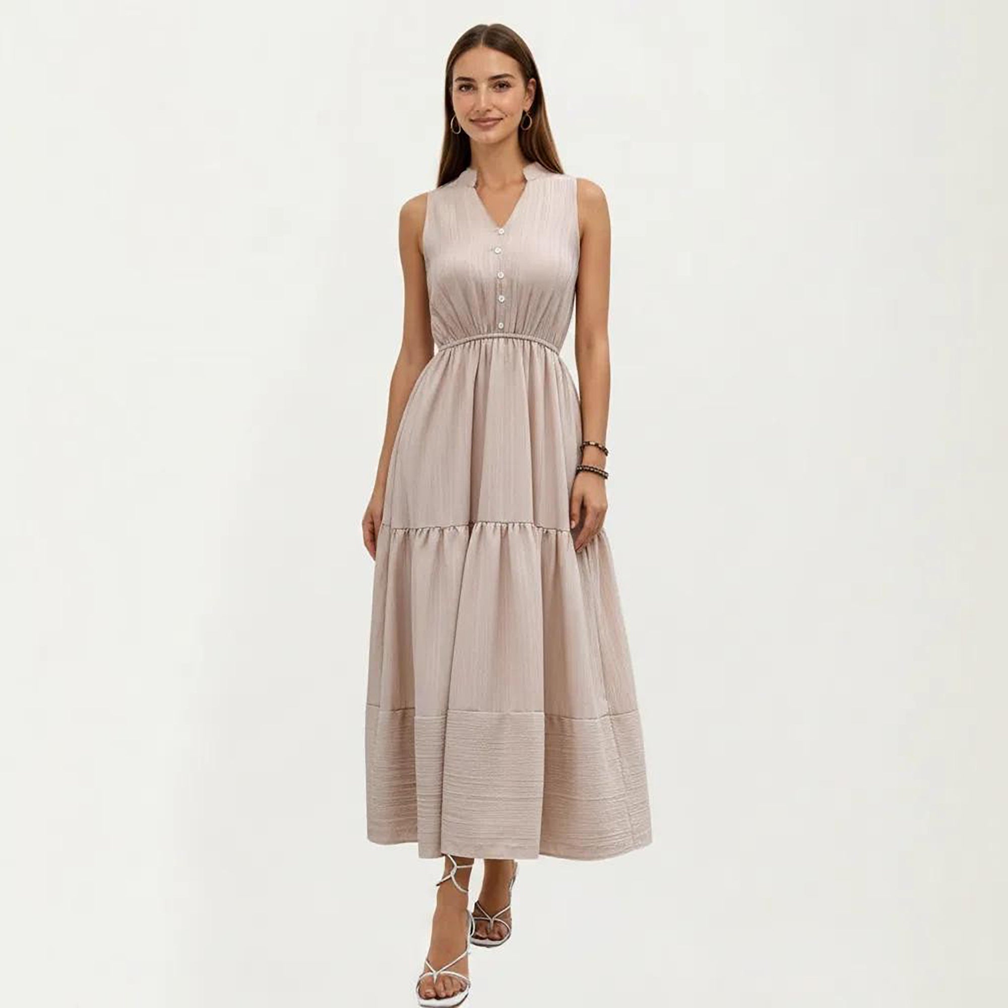 Anna-Kaci Women's Sleeveless Tiered Maxi Dress with Button Front V Neck and Elastic Waist