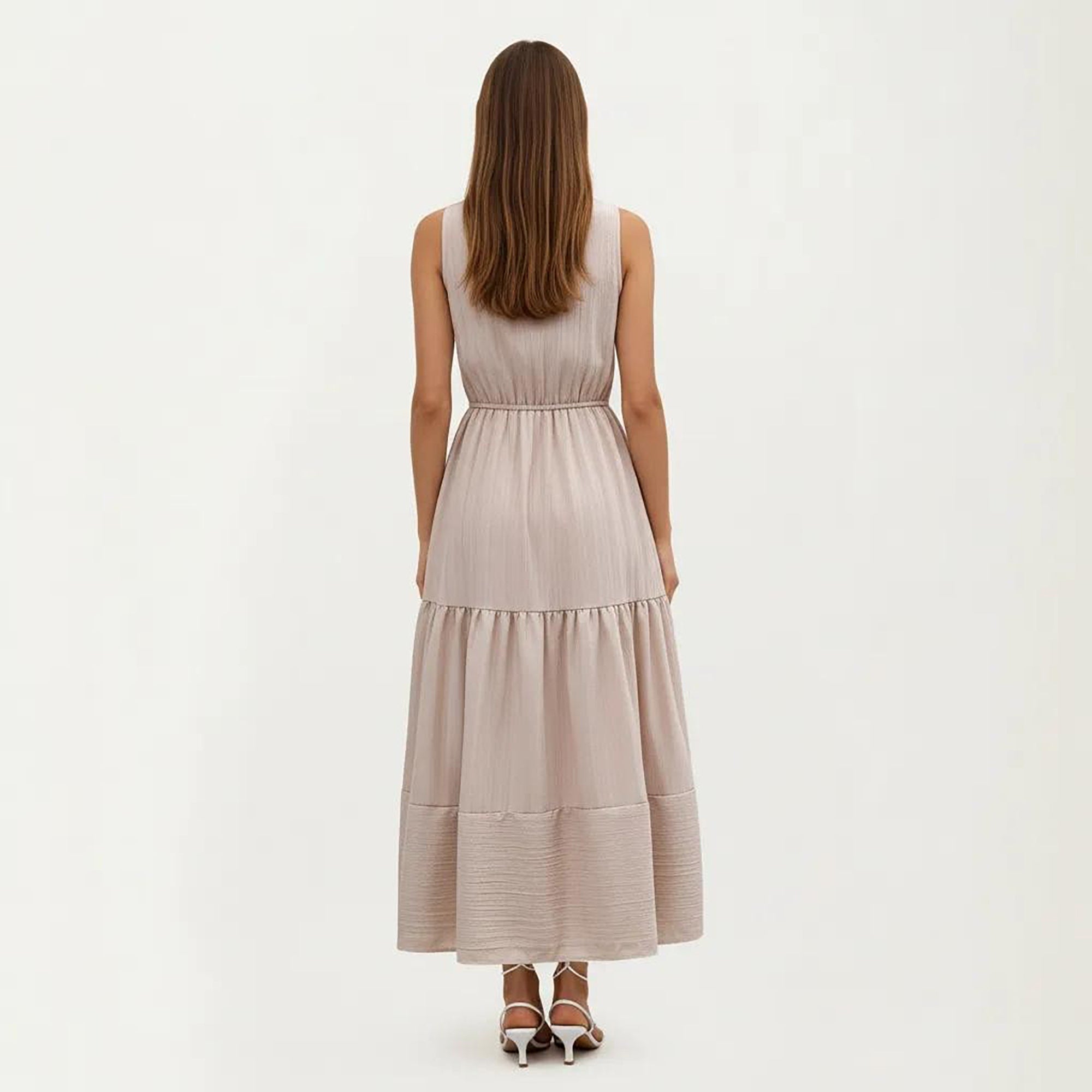 Anna-Kaci Women's Sleeveless Tiered Maxi Dress with Button Front V Neck and Elastic Waist
