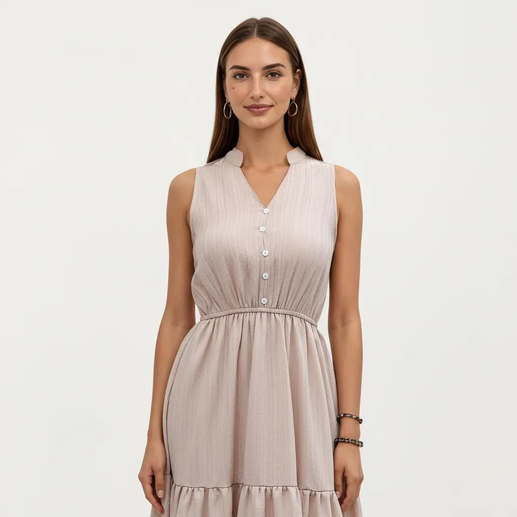Anna-Kaci Women's Sleeveless Tiered Maxi Dress with Button Front V Neck and Elastic Waist