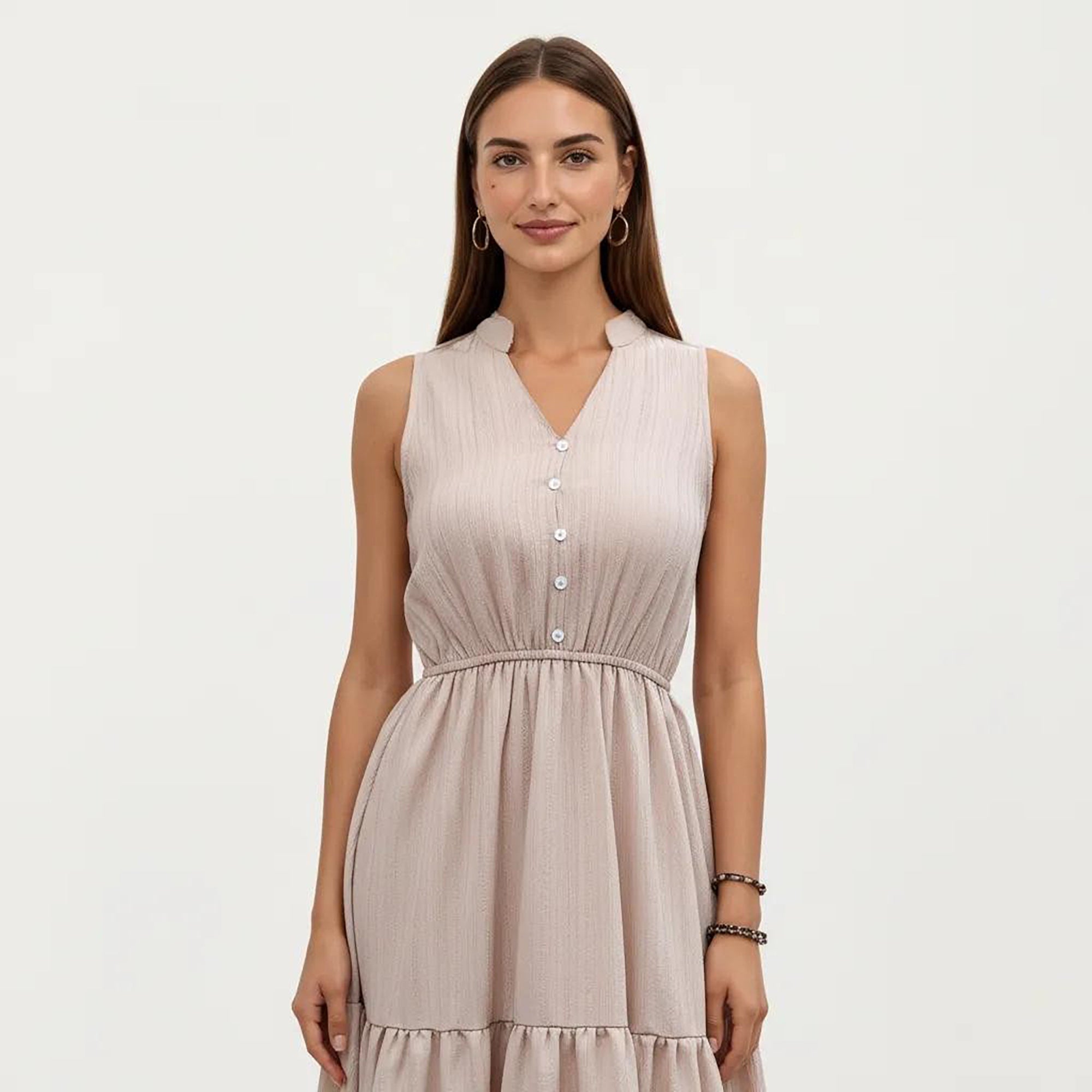 Anna-Kaci Women's Sleeveless Tiered Maxi Dress with Button Front V Neck and Elastic Waist