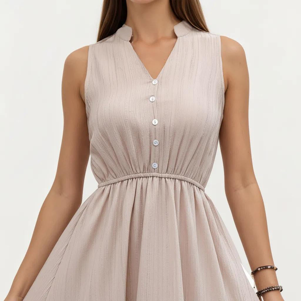 Anna-Kaci Women's Sleeveless Tiered Maxi Dress with Button Front V Neck and Elastic Waist