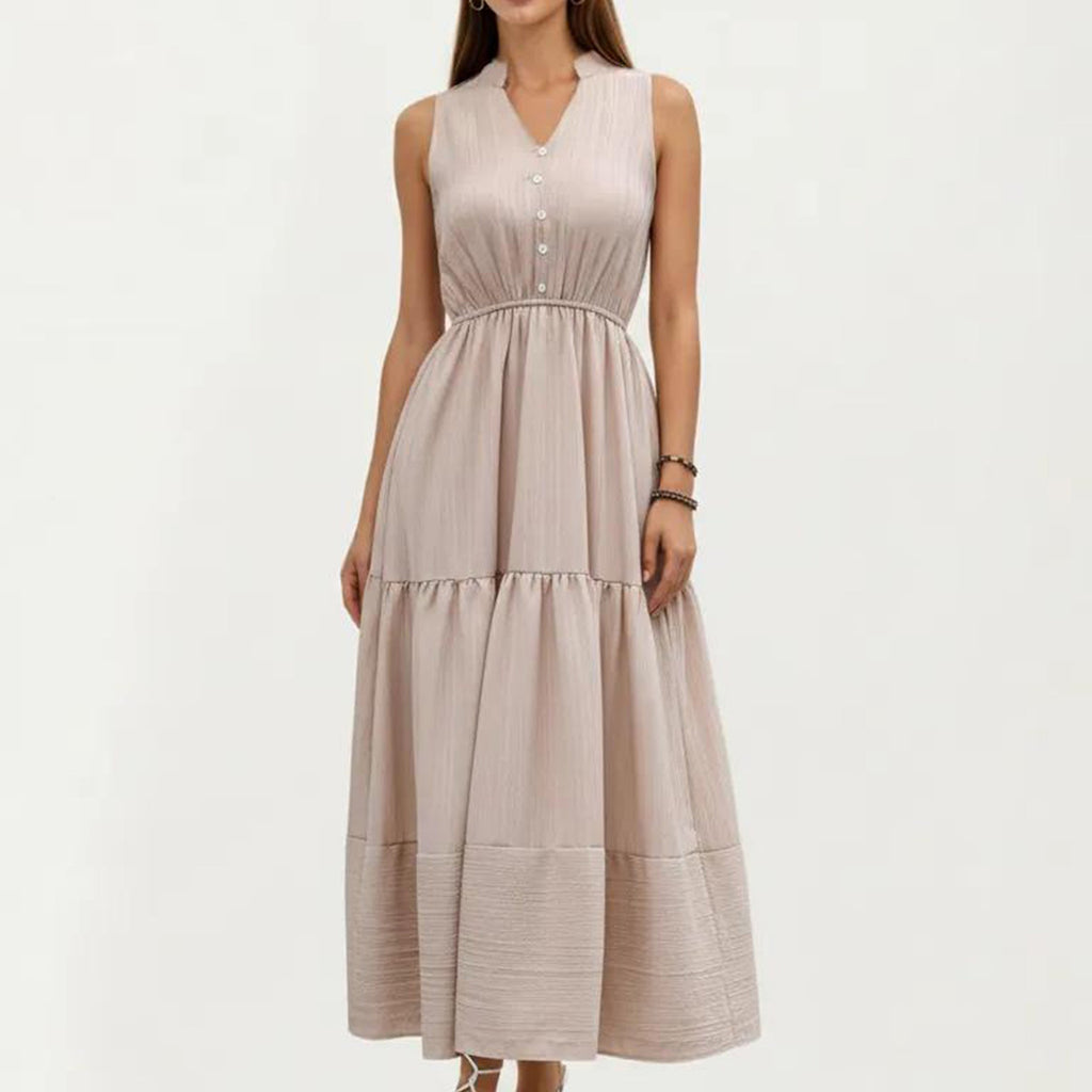 Anna-Kaci Women's Sleeveless Tiered Maxi Dress with Button Front V Neck and Elastic Waist