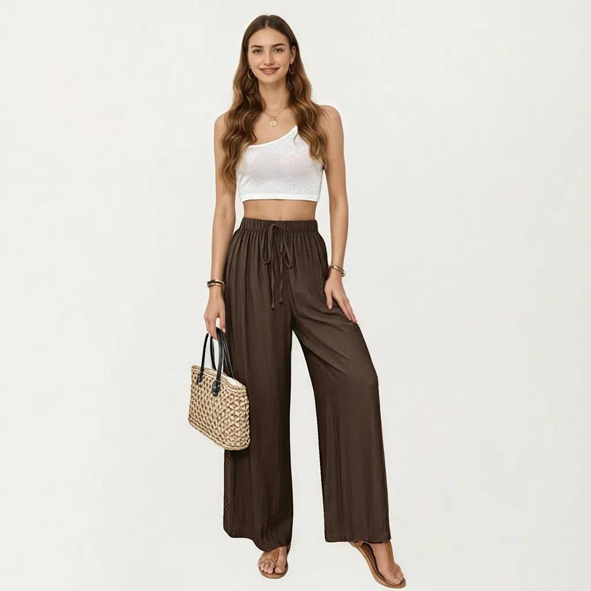 Anna-Kaci Women's High Waist Wide Leg Lounge Pants with Elastic Waist and Adjustable Drawstring
