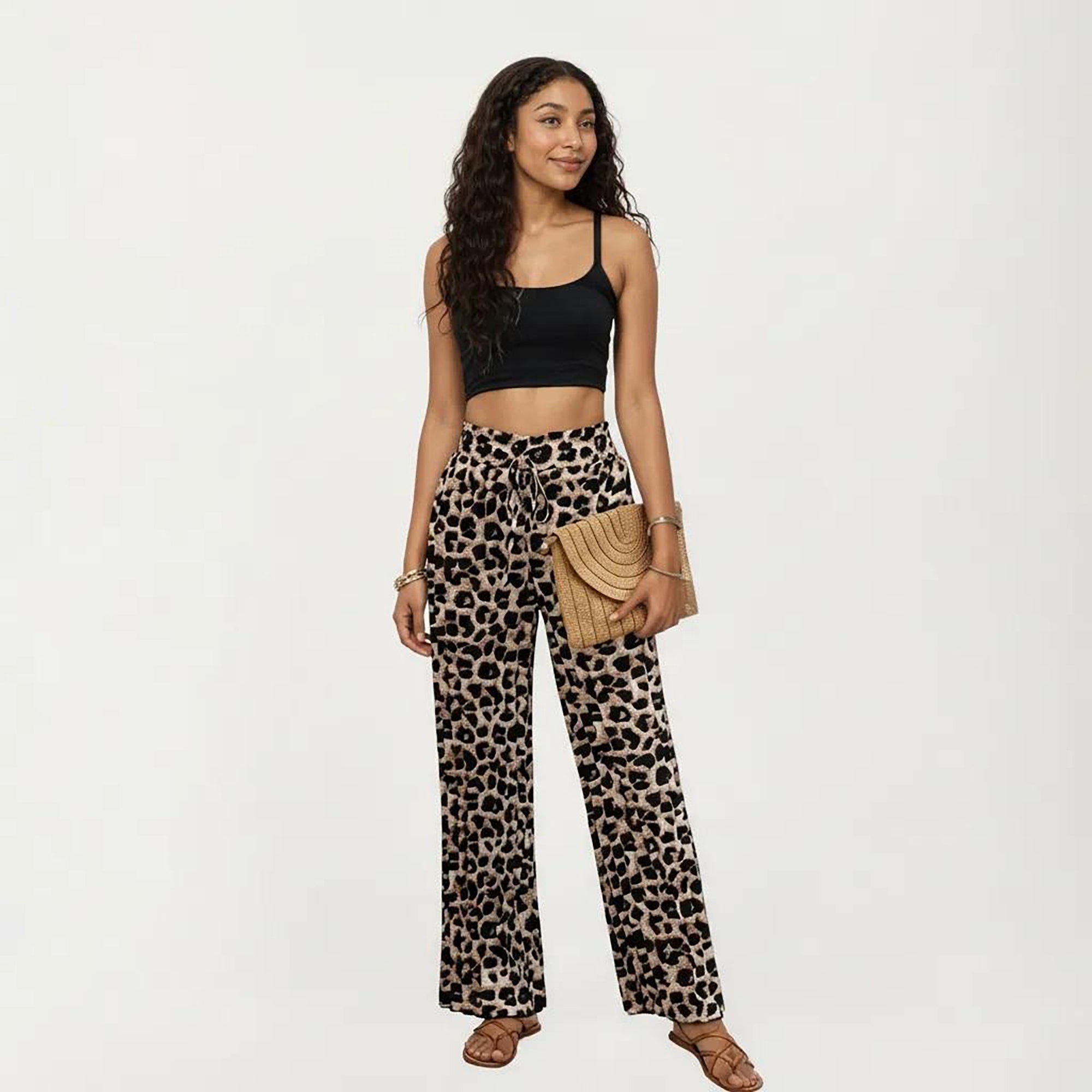 Anna-Kaci Women's High Waist Wide Leg Pants with Leopard Print and Adjustable Drawstring