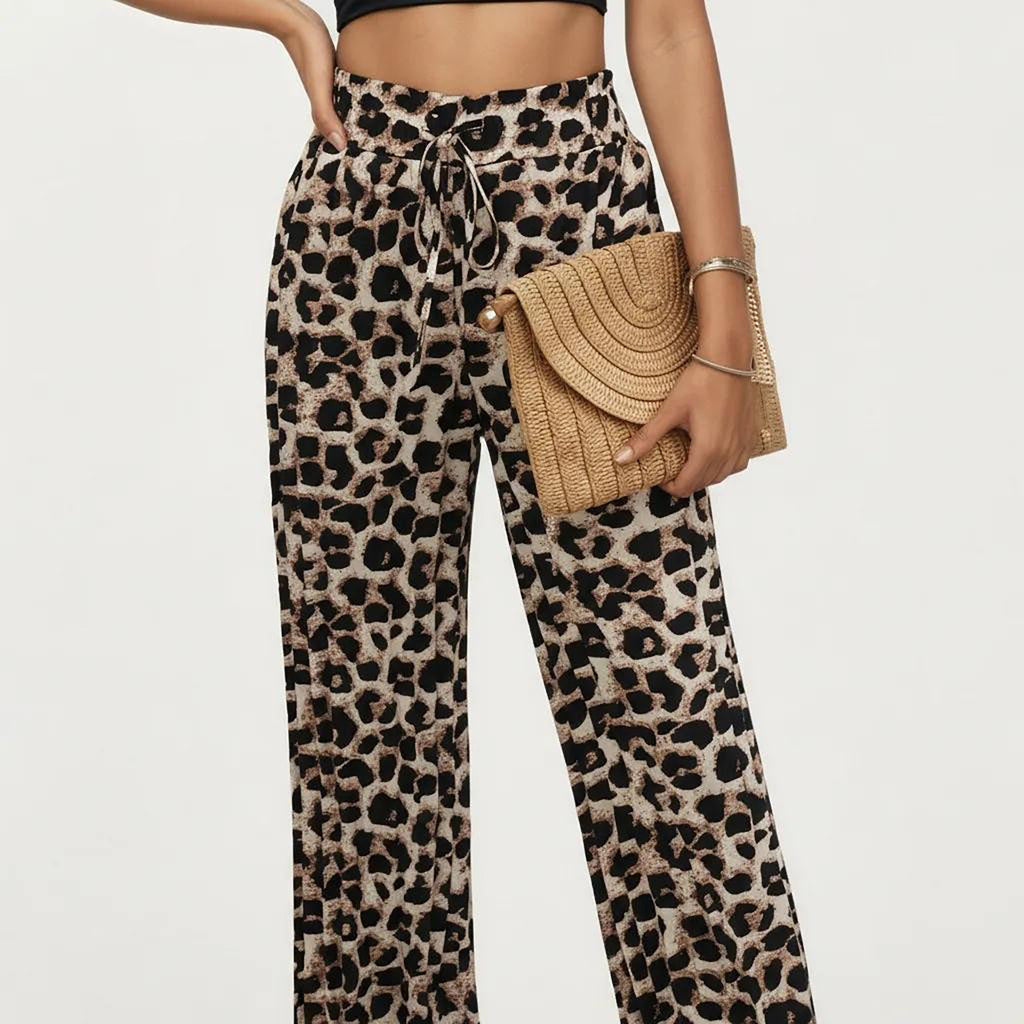 Anna-Kaci Women's High Waist Wide Leg Pants with Leopard Print and Adjustable Drawstring