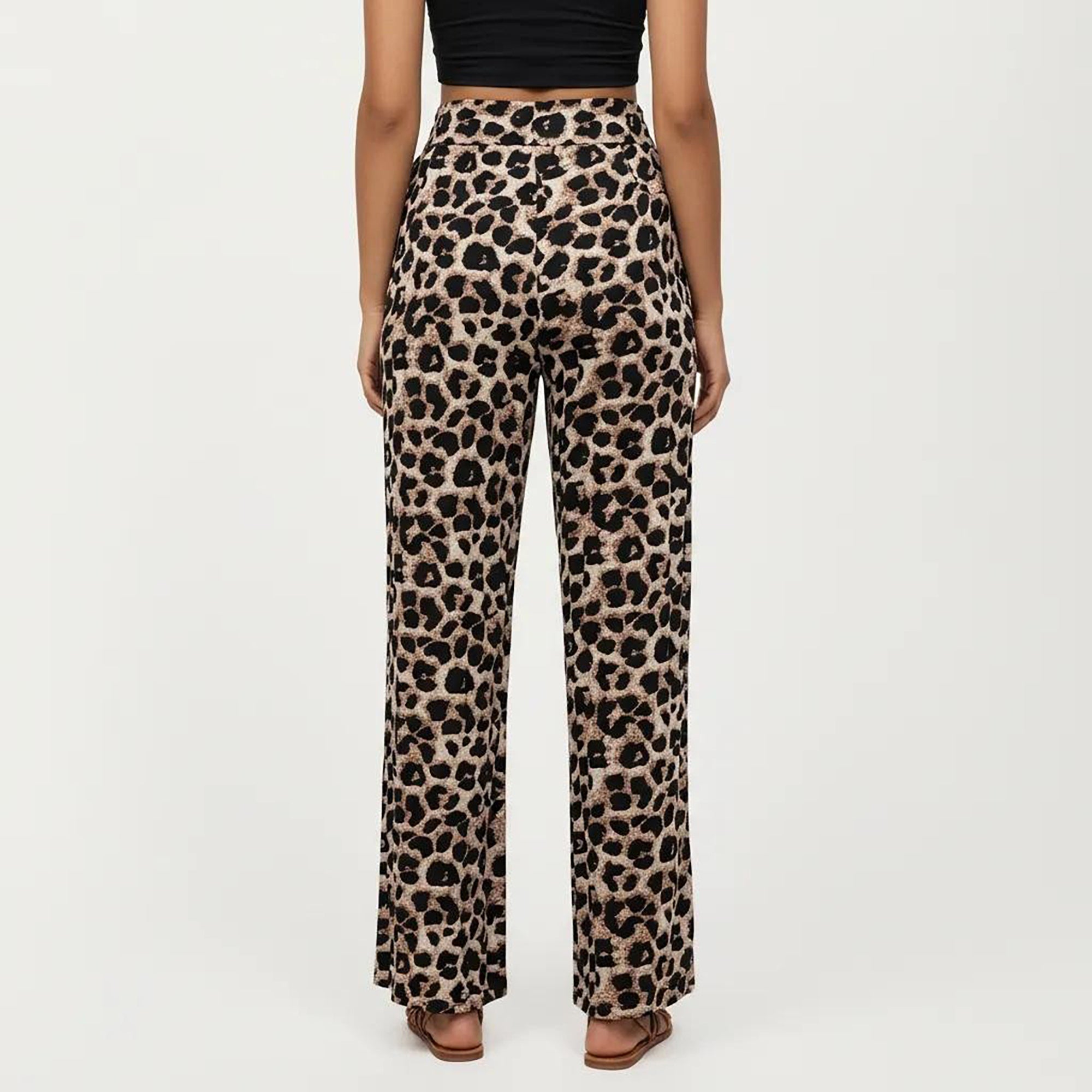Anna-Kaci Women's High Waist Wide Leg Pants with Leopard Print and Adjustable Drawstring
