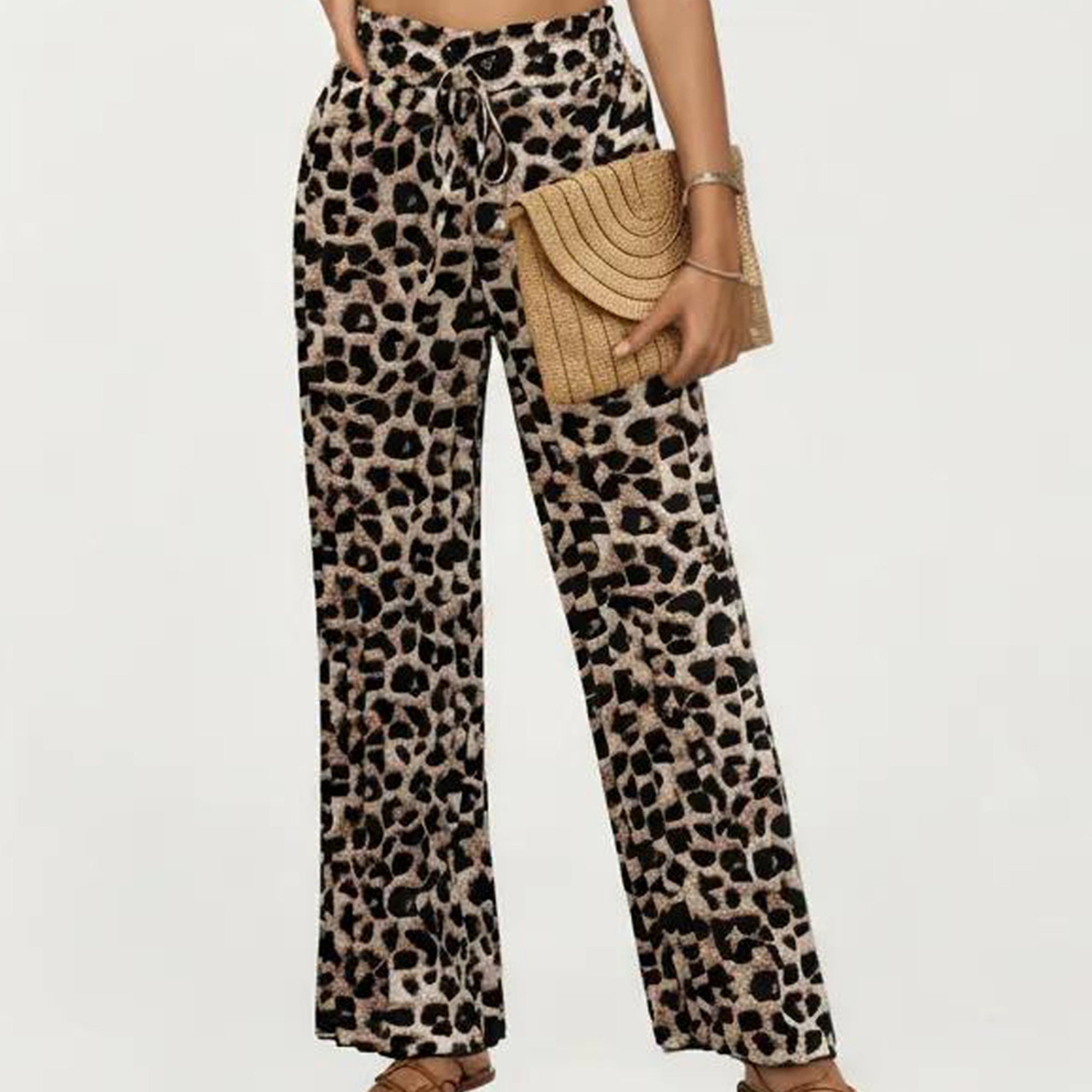 Anna-Kaci Women's High Waist Wide Leg Pants with Leopard Print and Adjustable Drawstring