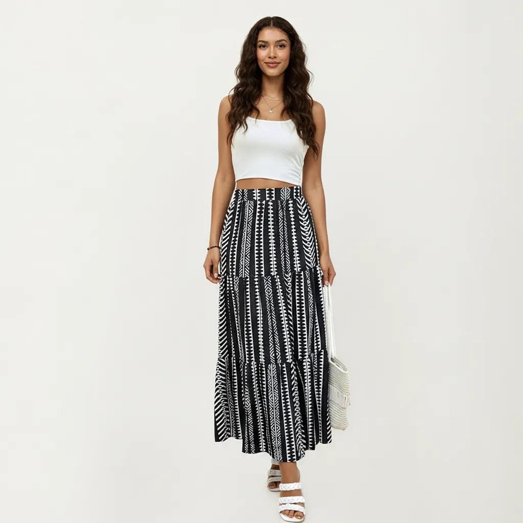 Anna-Kaci Women's High Waist Tiered Midi Skirt with Geometric Print