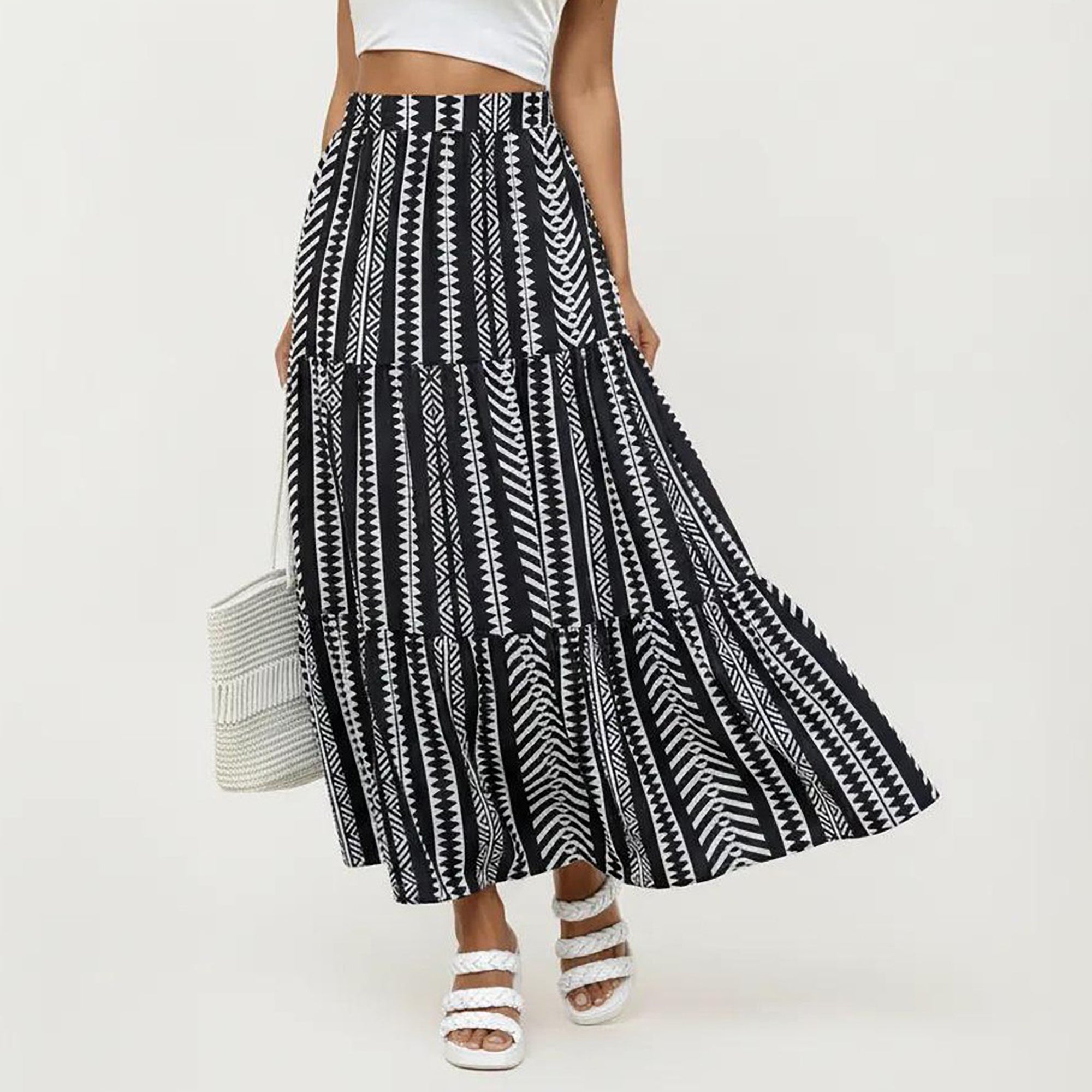 Anna-Kaci Women's High Waist Tiered Midi Skirt with Geometric Print