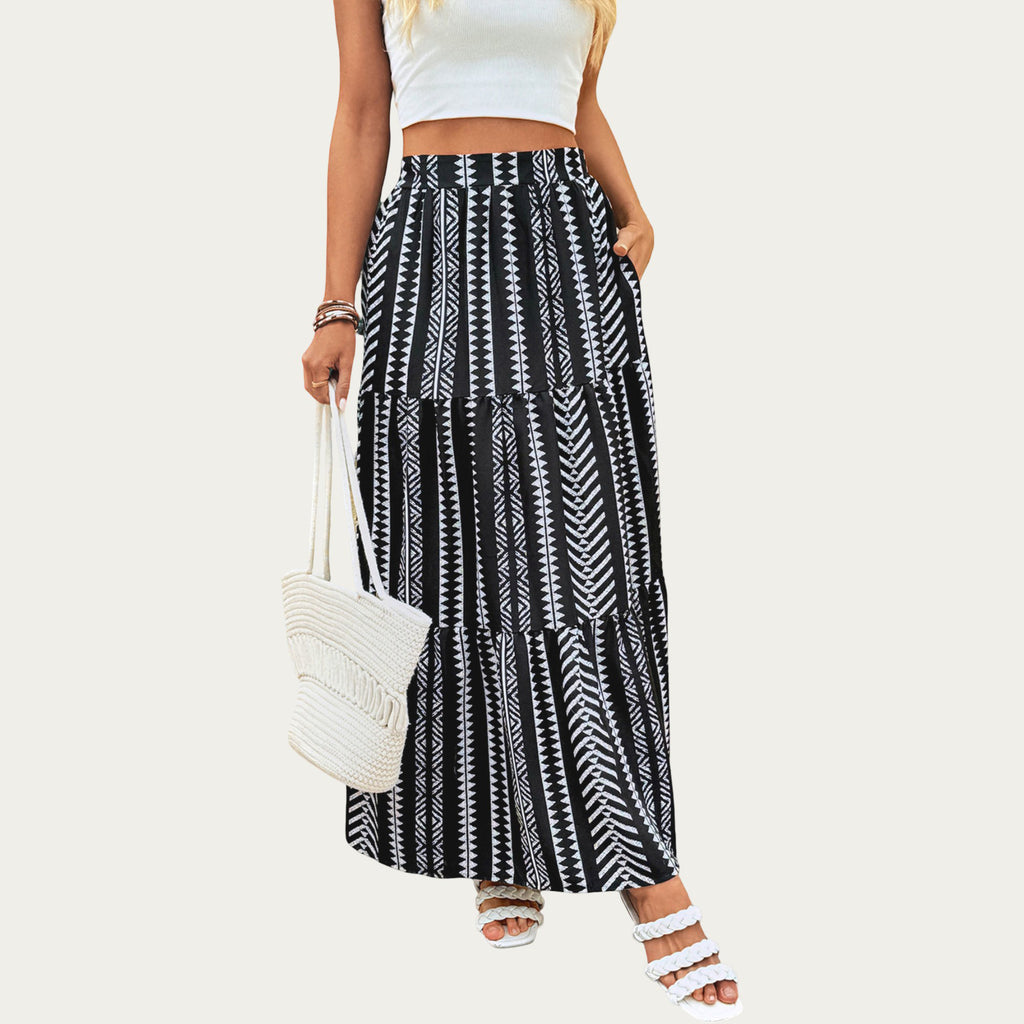 Anna-Kaci Women's High Waist Tiered Midi Skirt with Geometric Print