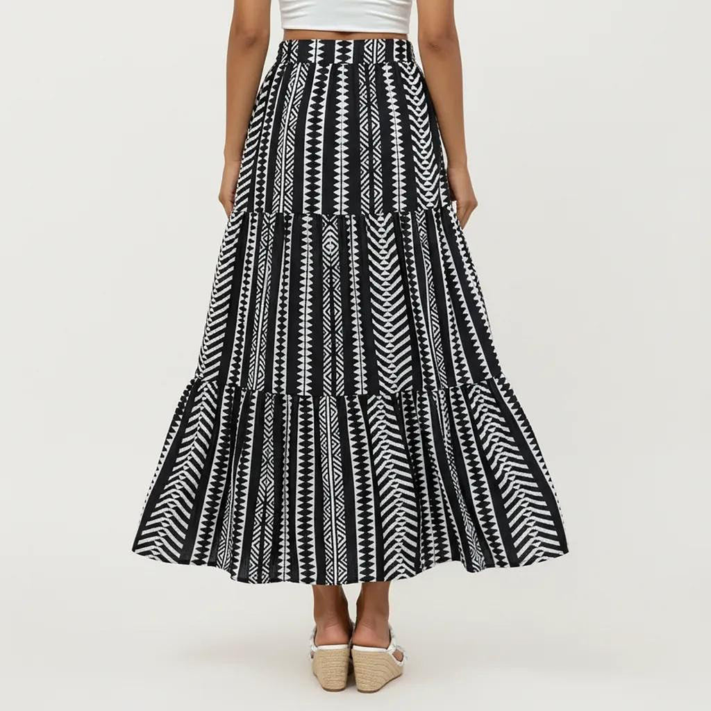 Anna-Kaci Women's High Waist Tiered Midi Skirt with Geometric Print