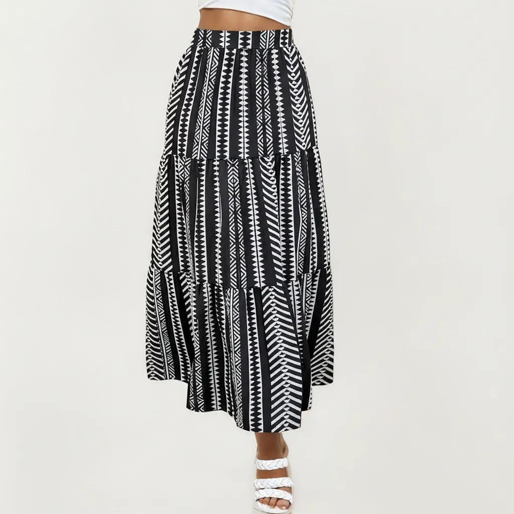Anna-Kaci Women's High Waist Tiered Midi Skirt with Geometric Print